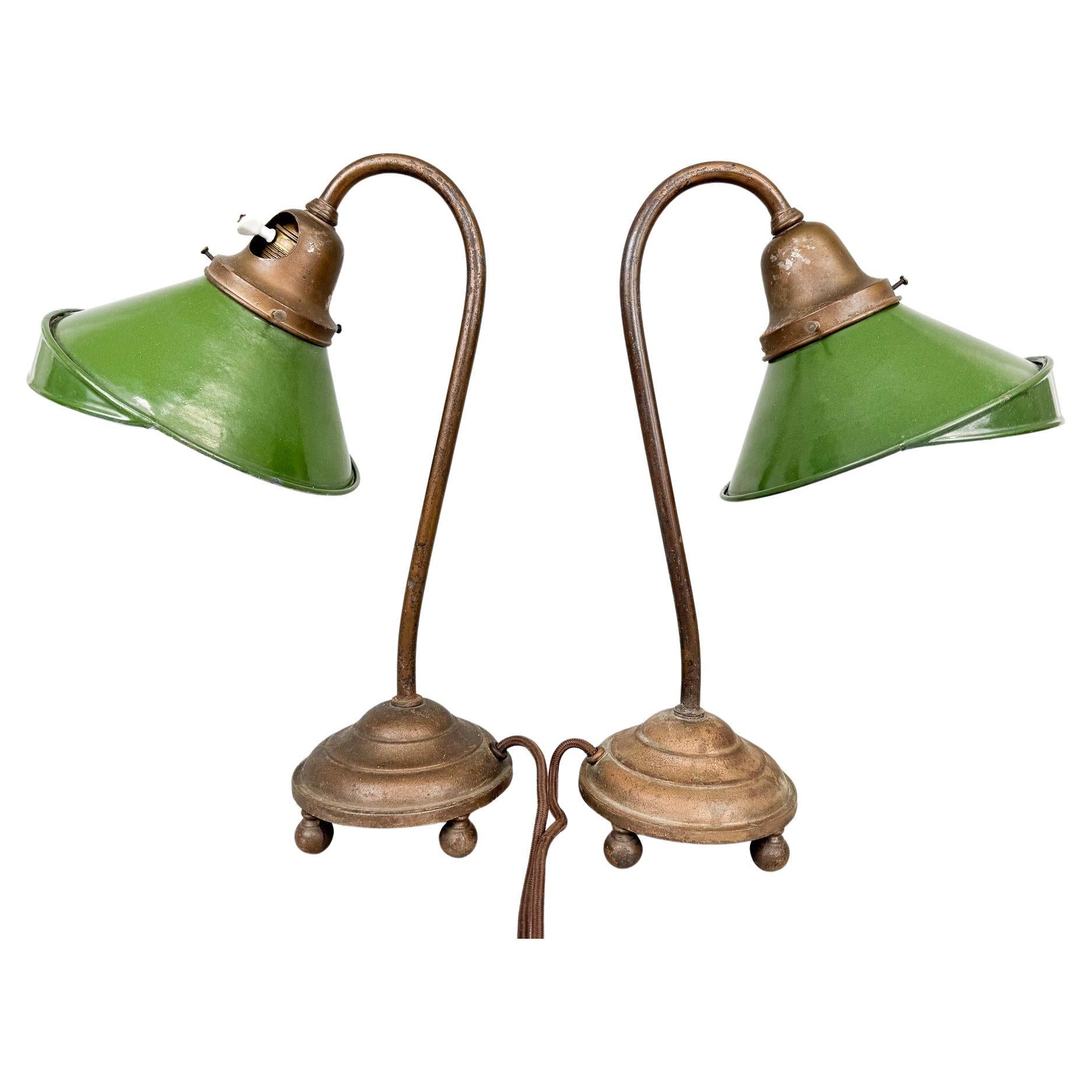 Pair of Unique 1920's Enamel & Cast Iron Desk Lamps, Czechoslovakia For Sale