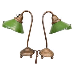Antique Pair of Unique 1920's Enamel & Cast Iron Desk Lamps, Czechoslovakia