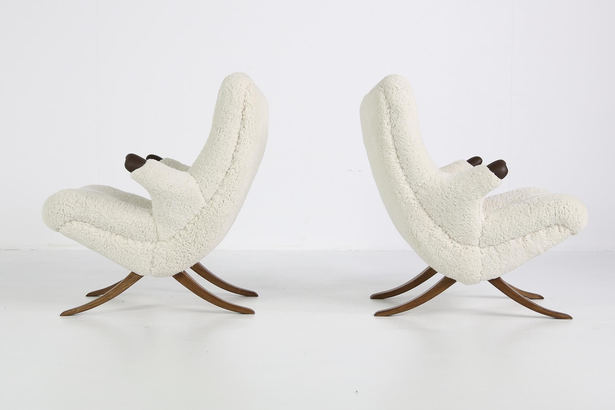 Mid-Century Modern Pair of Unique 1950s Organic Lounge Chairs Teddy Fur & Leather Midcentury Modern