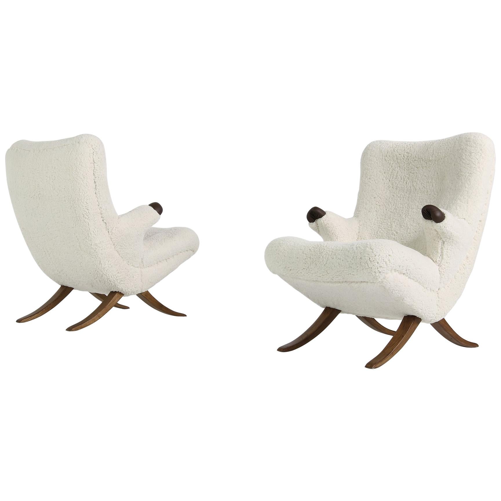 Pair of Unique 1950s Organic Lounge Chairs Teddy Fur & Leather Midcentury Modern