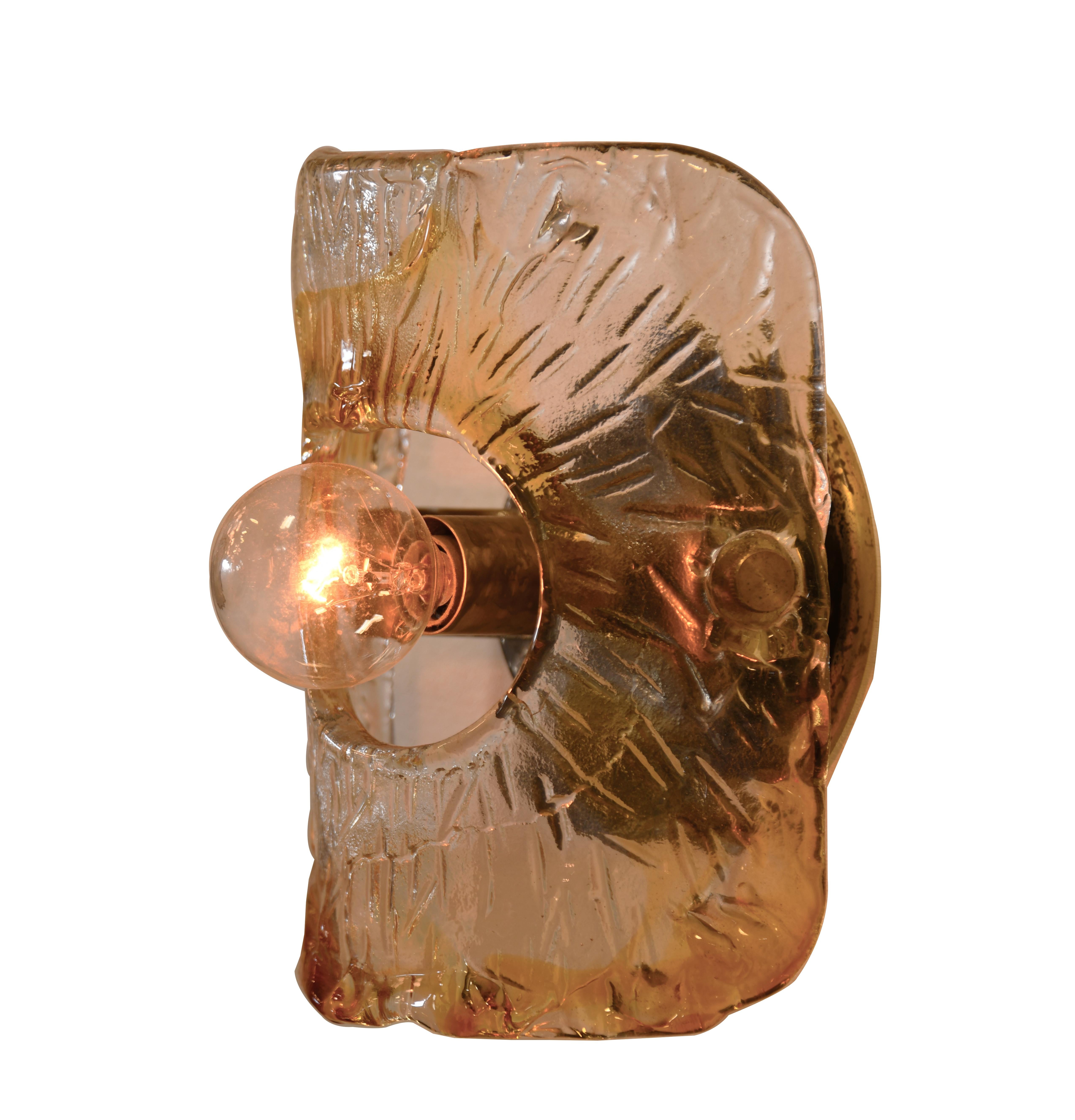 Hand-Crafted Pair of Unique 1970s Hand Cast Murano Glass Wall Sconces in Antique Brass For Sale