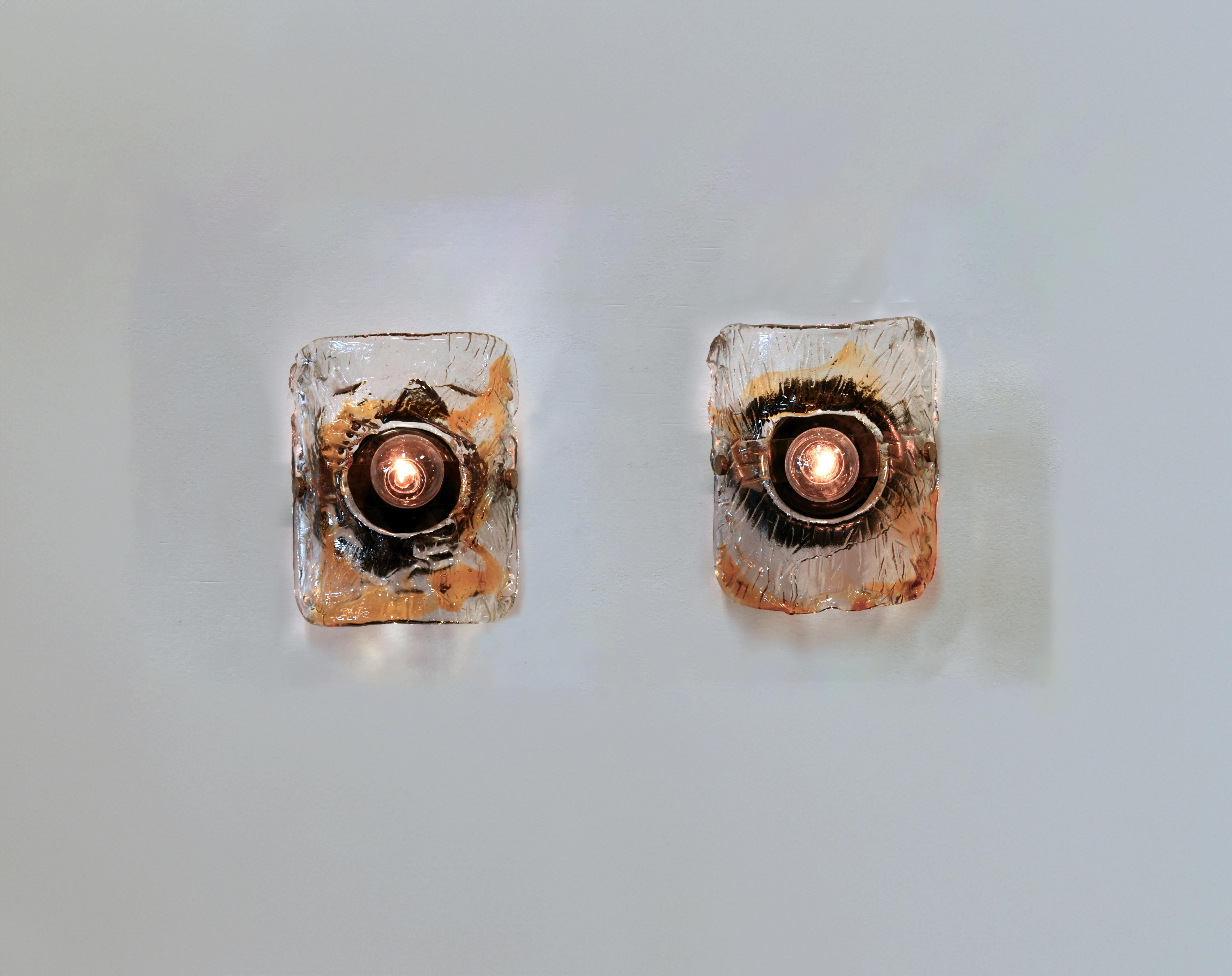 Late 17th Century Pair of Unique 1970s Hand Cast Murano Glass Wall Sconces in Antique Brass For Sale
