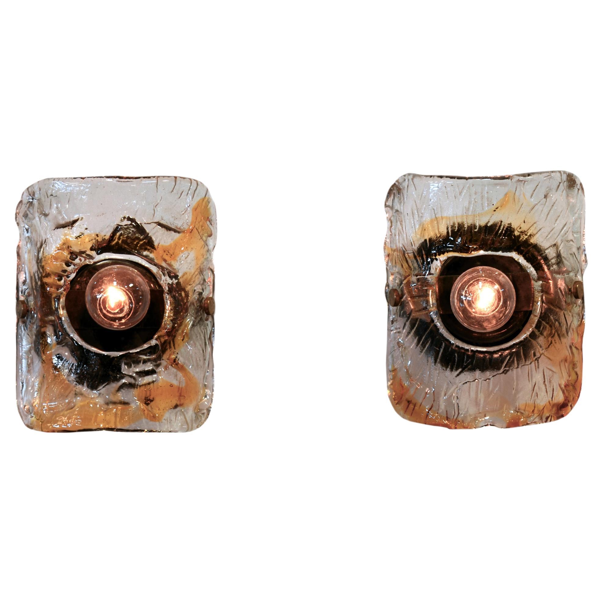 Pair of Unique 1970s Hand Cast Murano Glass Wall Sconces in Antique Brass For Sale