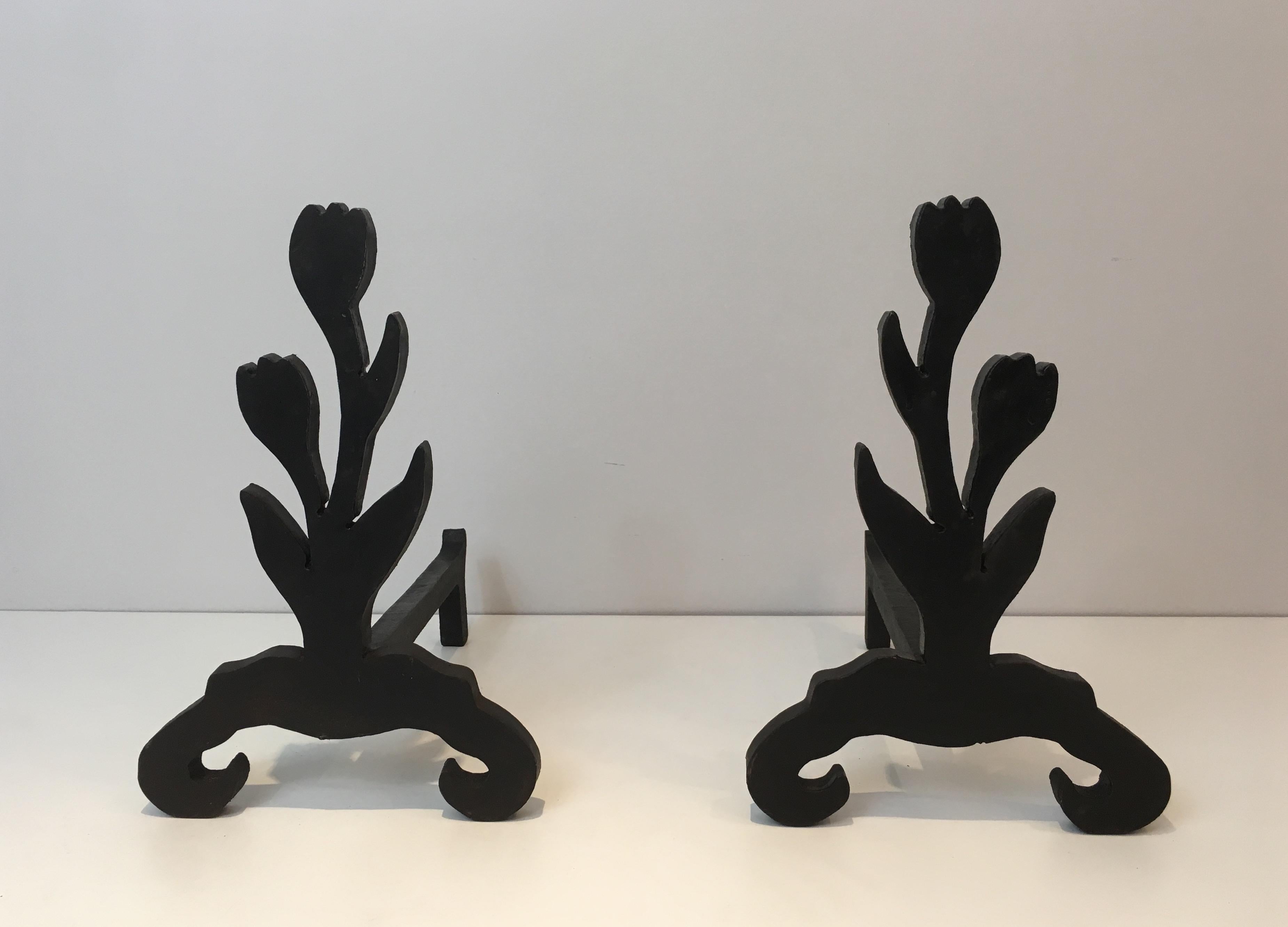 Unique Andirons Representing a Bouquet of Tulips in Cast Iron and Wrought, Pair 12