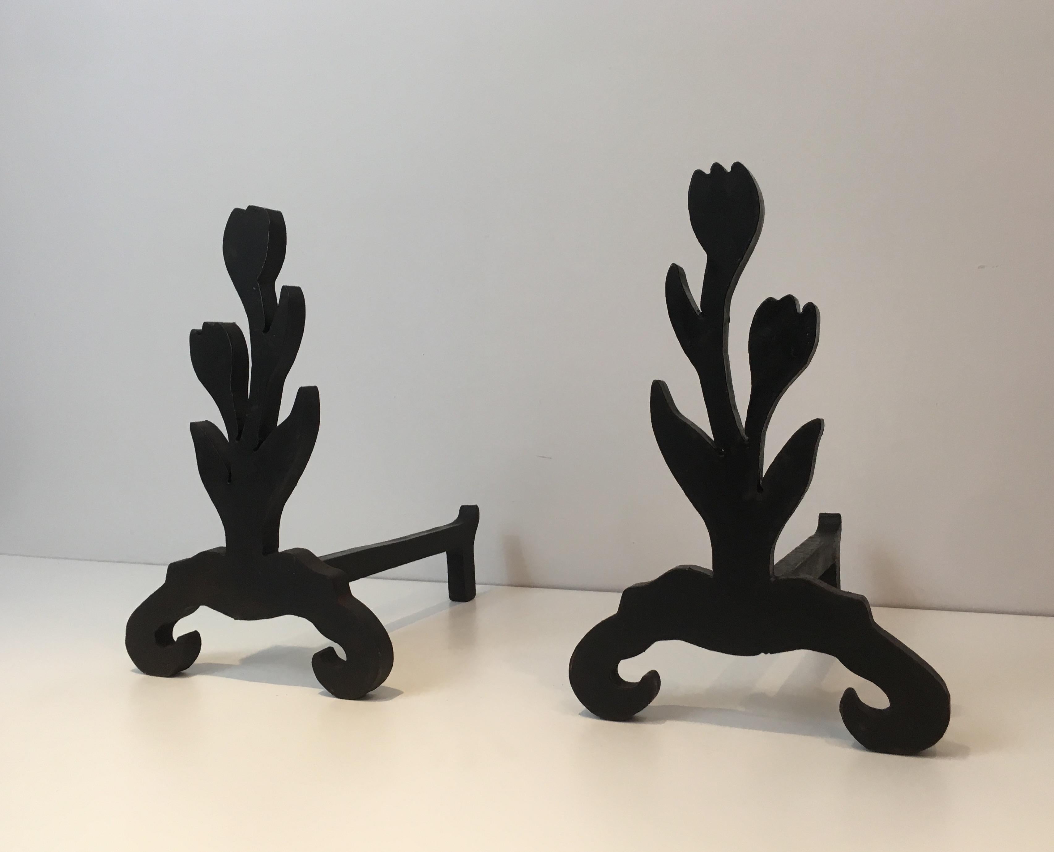 Unique Andirons Representing a Bouquet of Tulips in Cast Iron and Wrought, Pair 13
