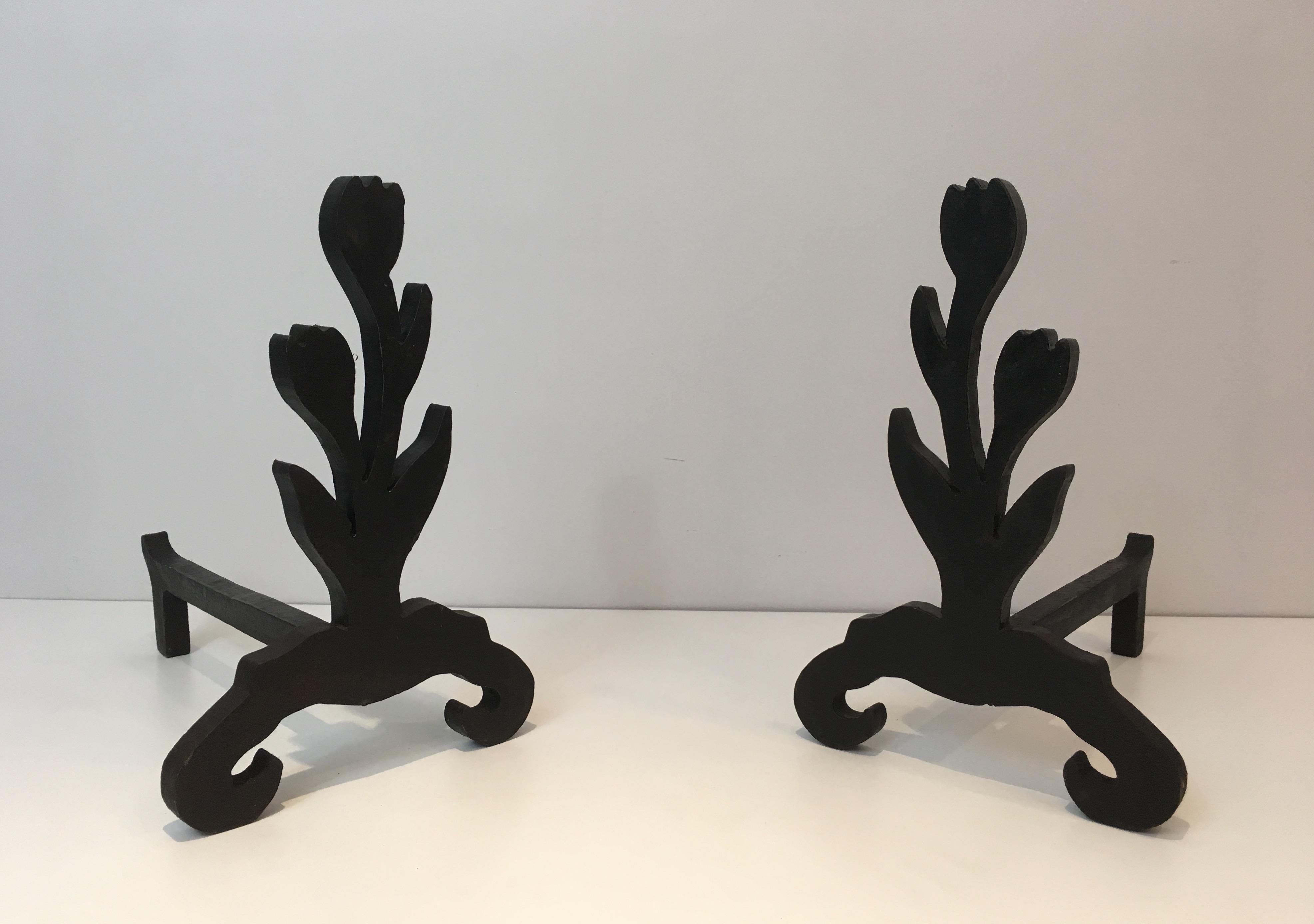 Mid-Century Modern Unique Andirons Representing a Bouquet of Tulips in Cast Iron and Wrought, Pair