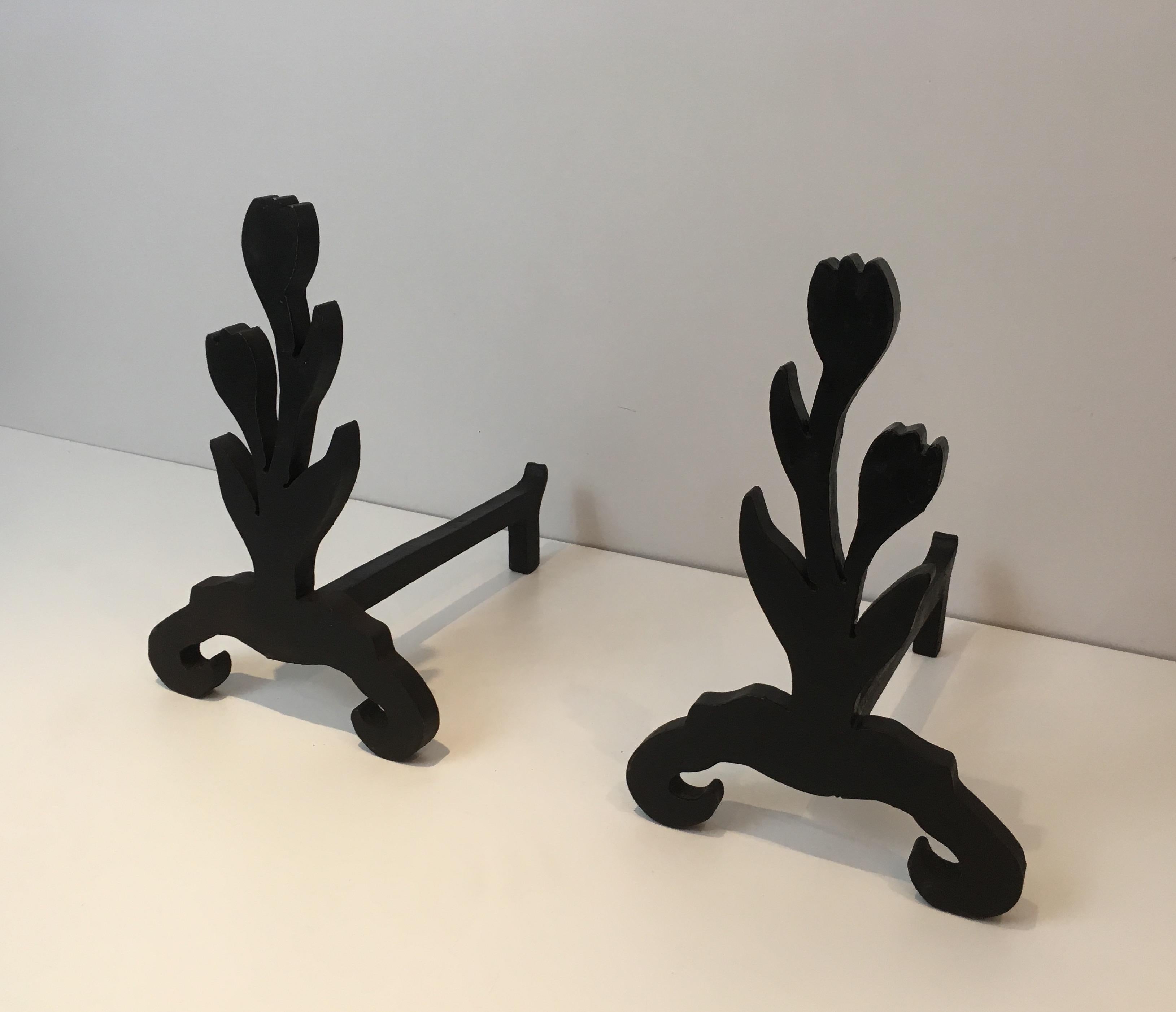 Unique Andirons Representing a Bouquet of Tulips in Cast Iron and Wrought, Pair 3