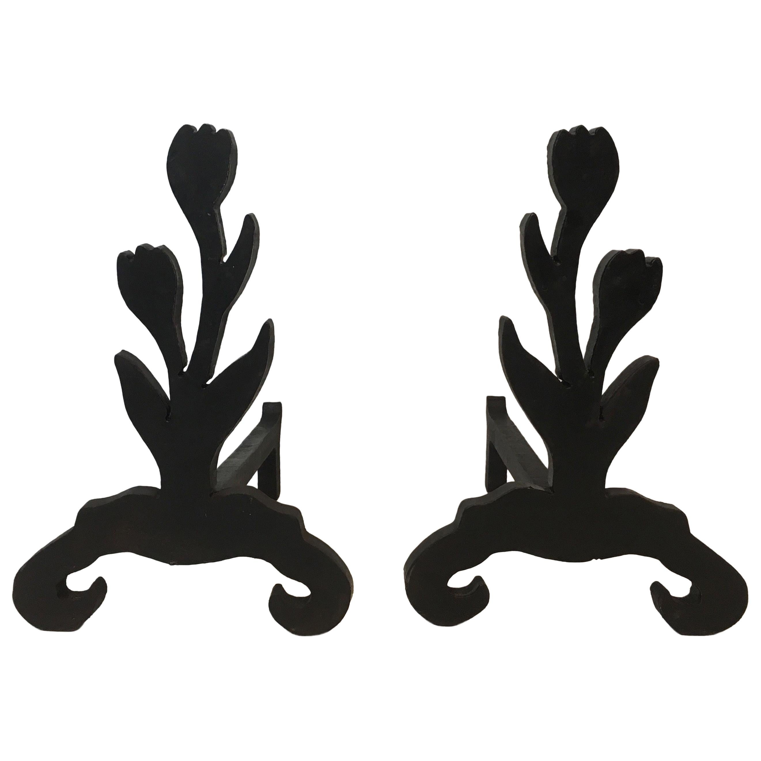 Unique Andirons Representing a Bouquet of Tulips in Cast Iron and Wrought, Pair