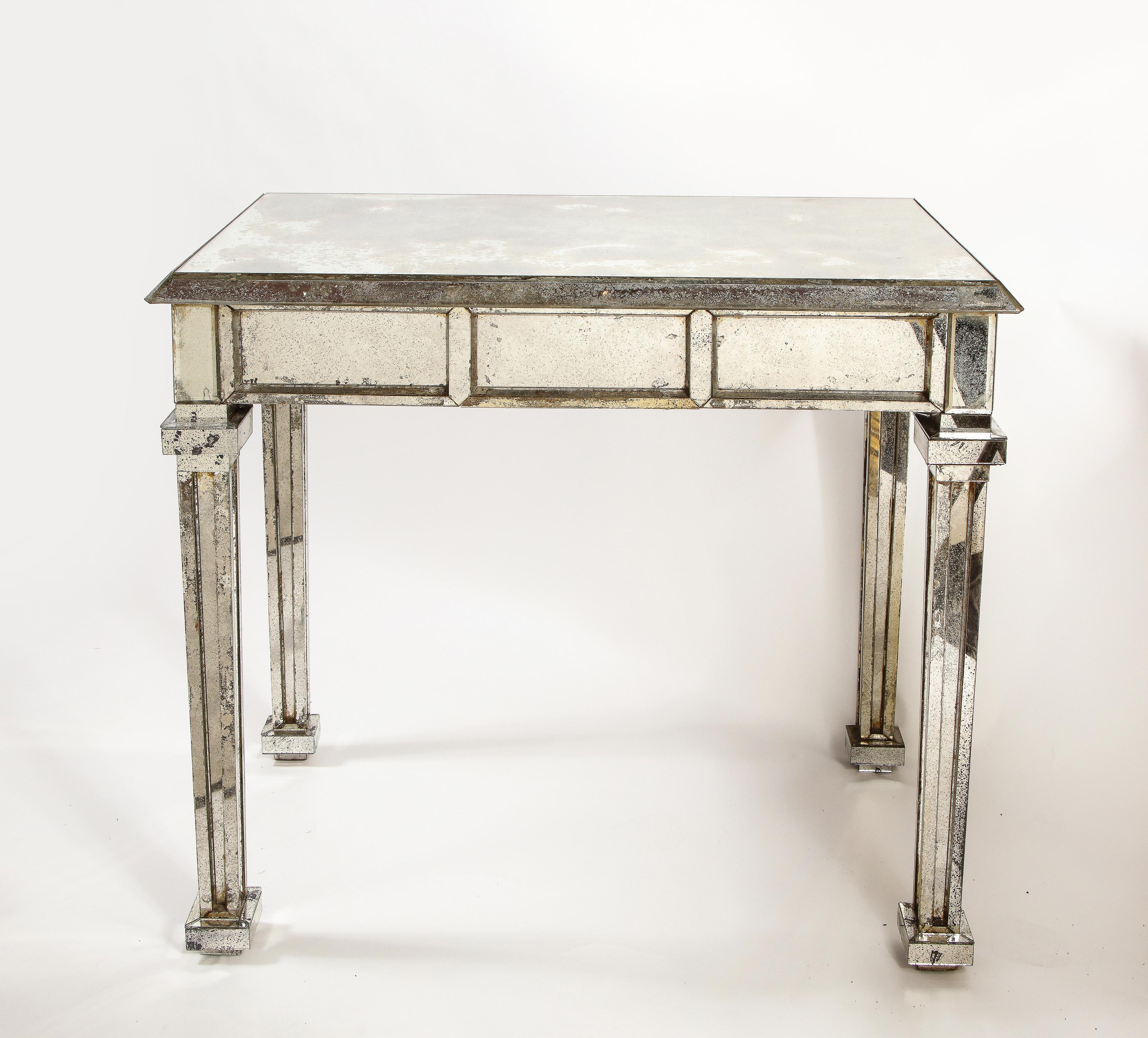 Hand-Crafted Pair of Unique Antique French Art Deco Rectangular Form Mirrored Console Tables
