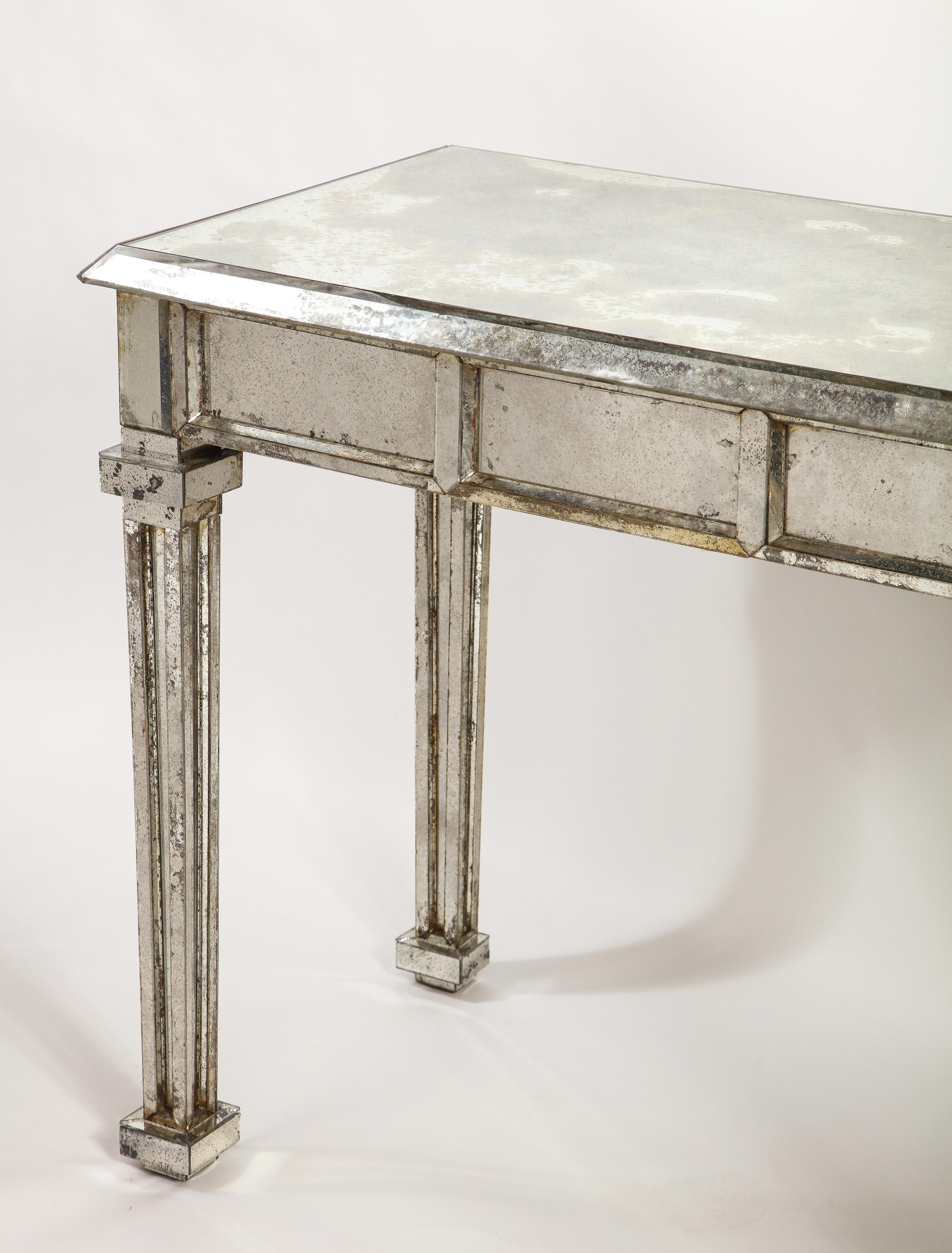 Pair of Unique Antique French Art Deco Rectangular Form Mirrored Console Tables In Good Condition In New York, NY