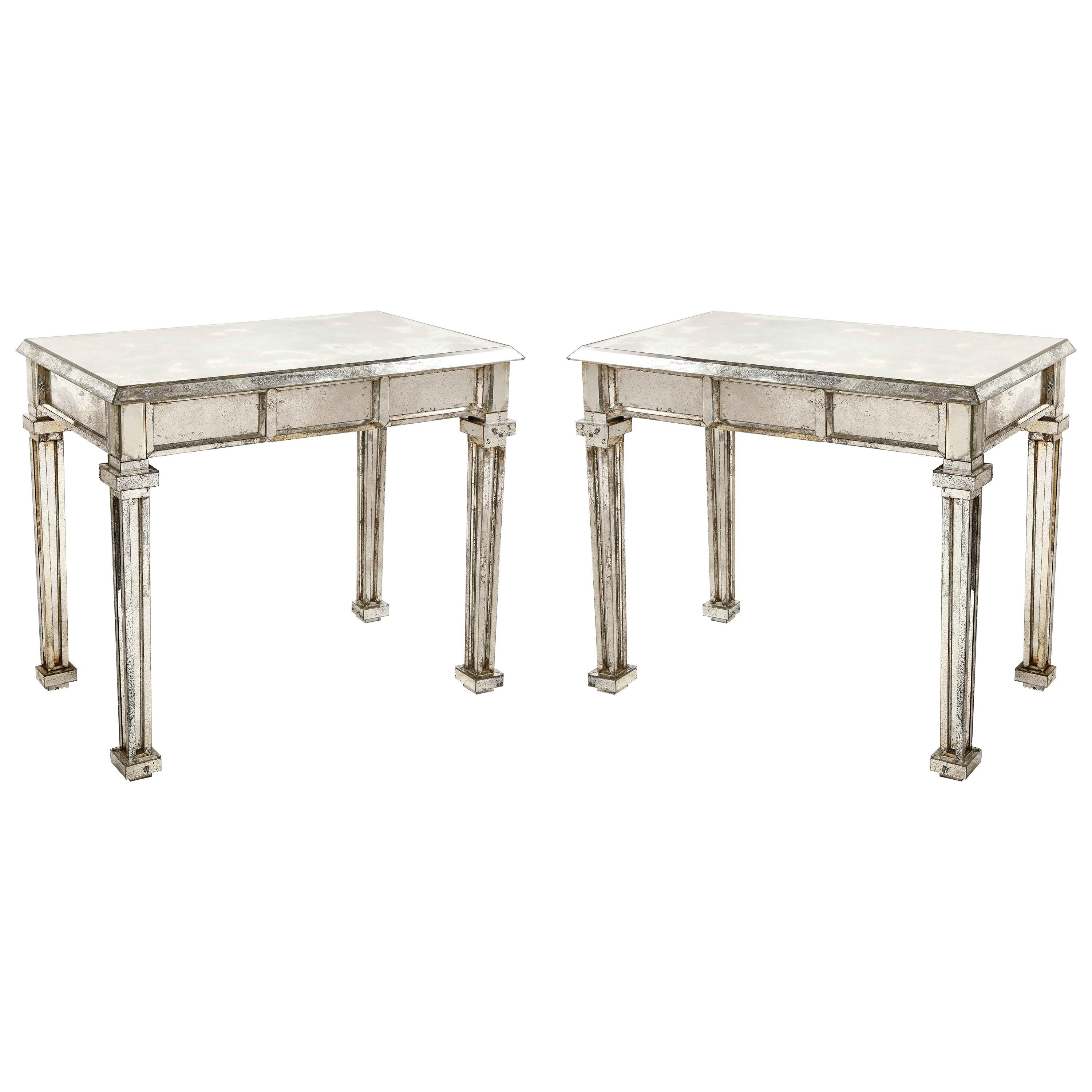 Pair of Unique Antique French Art Deco Rectangular Form Mirrored Console Tables
