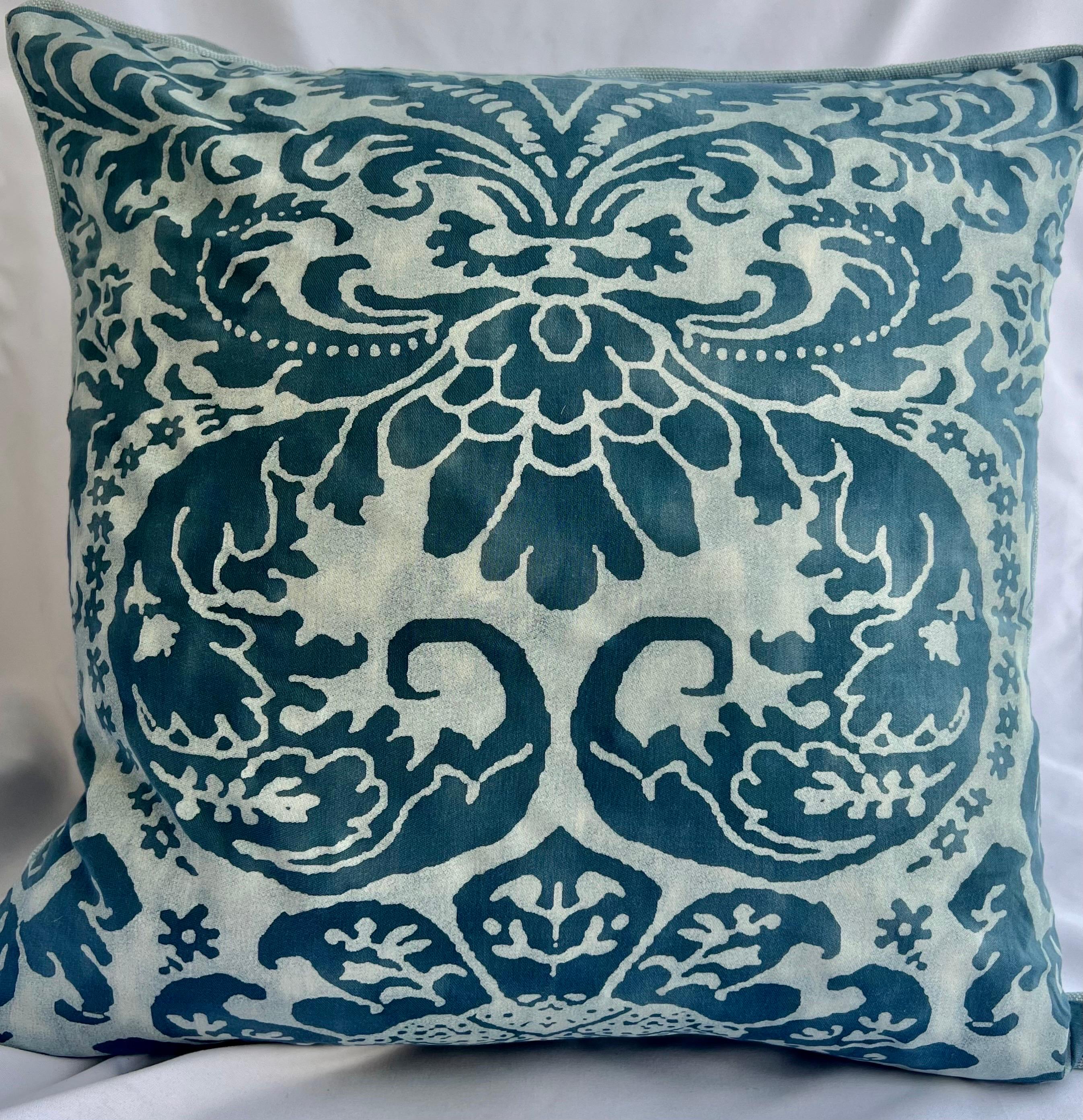 Pair of custom pillows made with blue & white tones in the Caravaggio patterned Fortuny fabric fronts and a soft blue linen style back.  Down filled inserts, zipper closures.