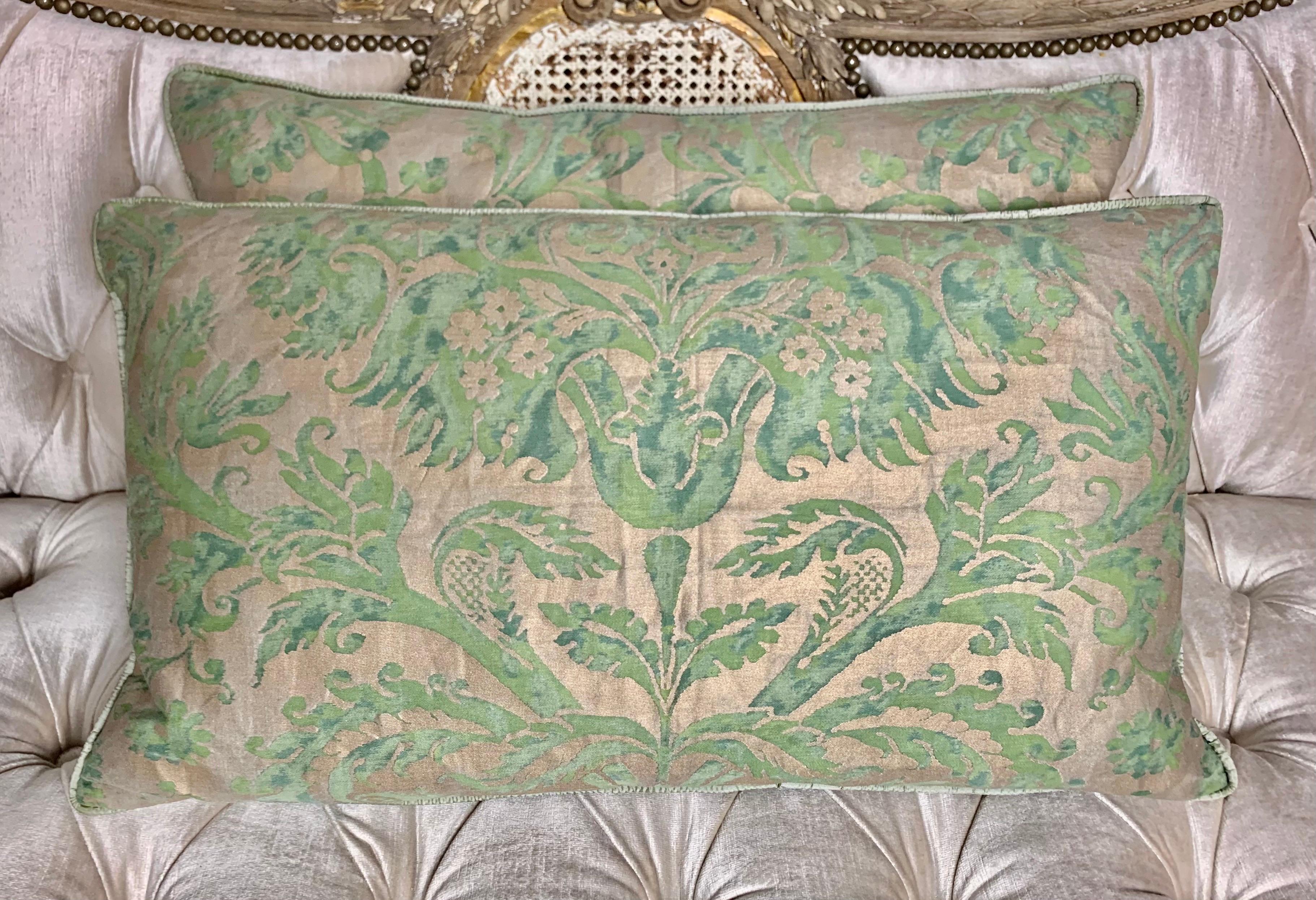 Pair of Unique Blue & Green Custom Fortuny Pillows In Excellent Condition In Los Angeles, CA