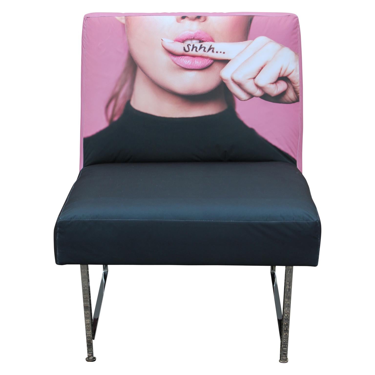 Pair of beautiful custom modern slipper lounge chairs upholstered with a one of a kind printed up-close portrait of a woman's face / chrome base. Fabric is meant to look like a loose slipcover / it intentionally isn't pulled tight.