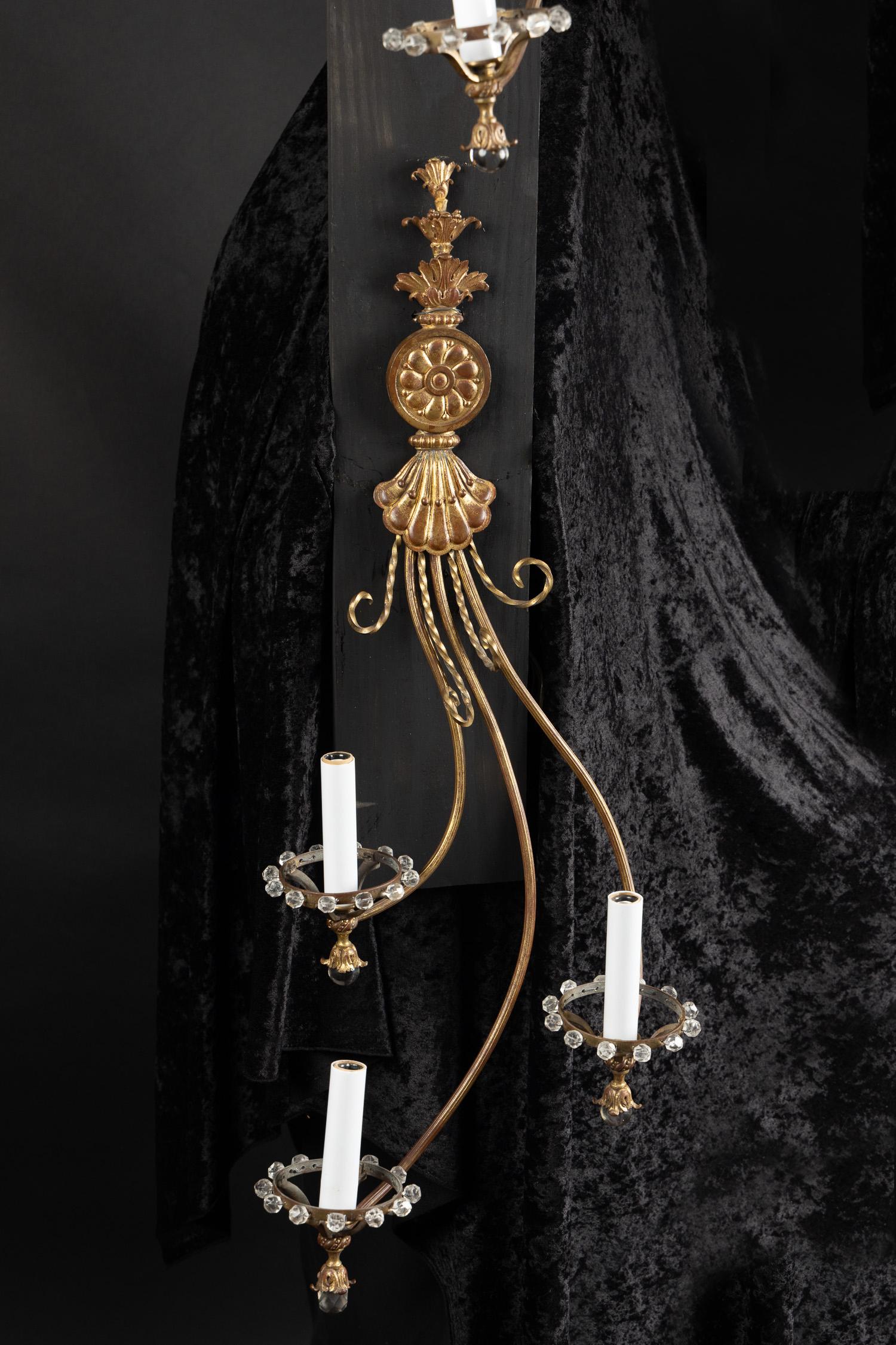 French Pair of Unique Elongated Bronze and Crystal Art Nouveau Sconces, 4 Available For Sale