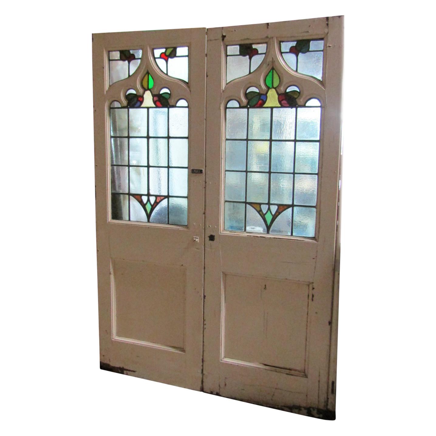 Pair of Unique English Stained Glass Gothic Front Entrance Doors 1850s-1860s For Sale