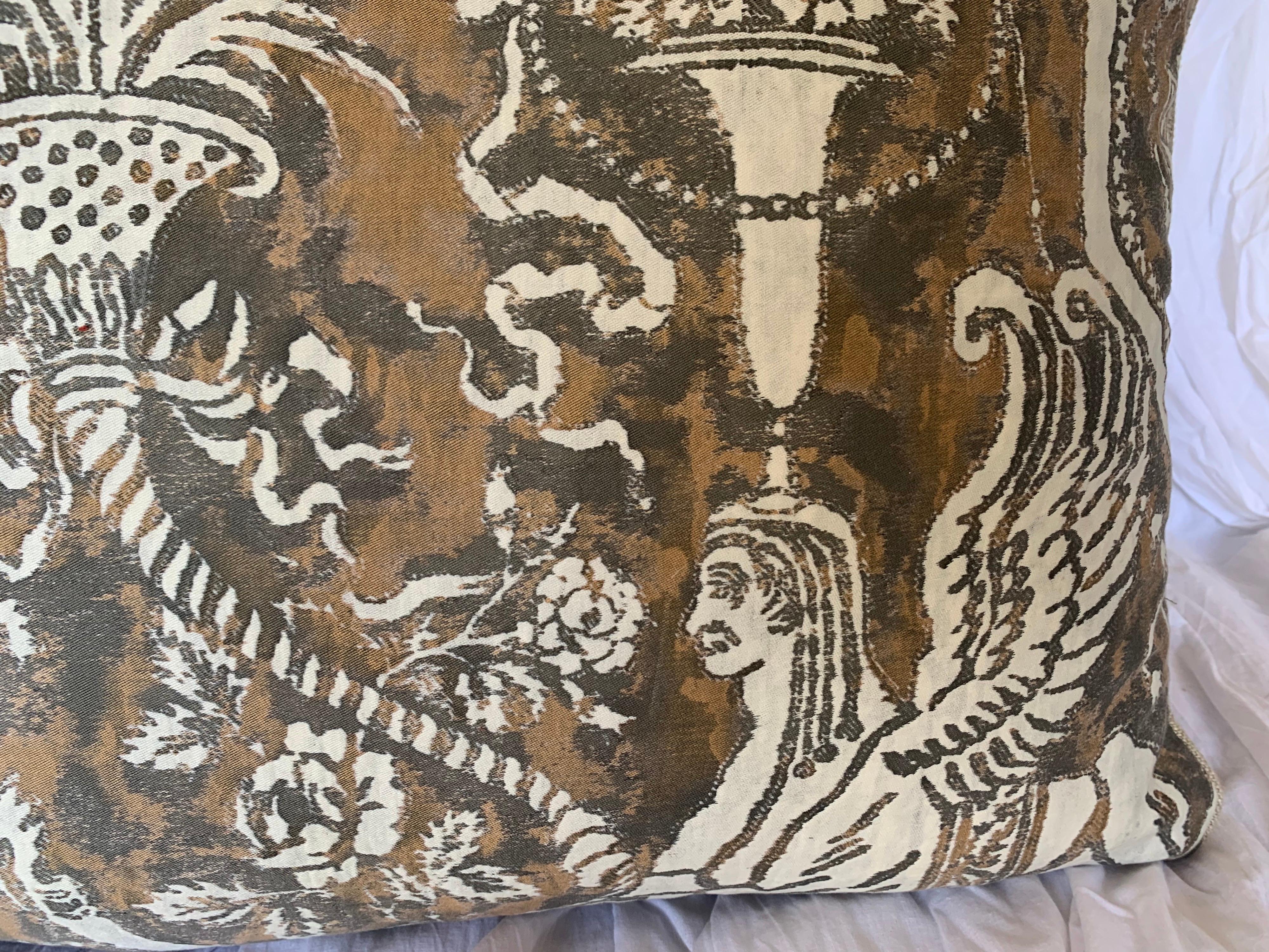 Pair of custom pillows made with unique Fortuny cotton fronts depicting Sphinxes and soft brown linen backs. Self cording, down inserts.