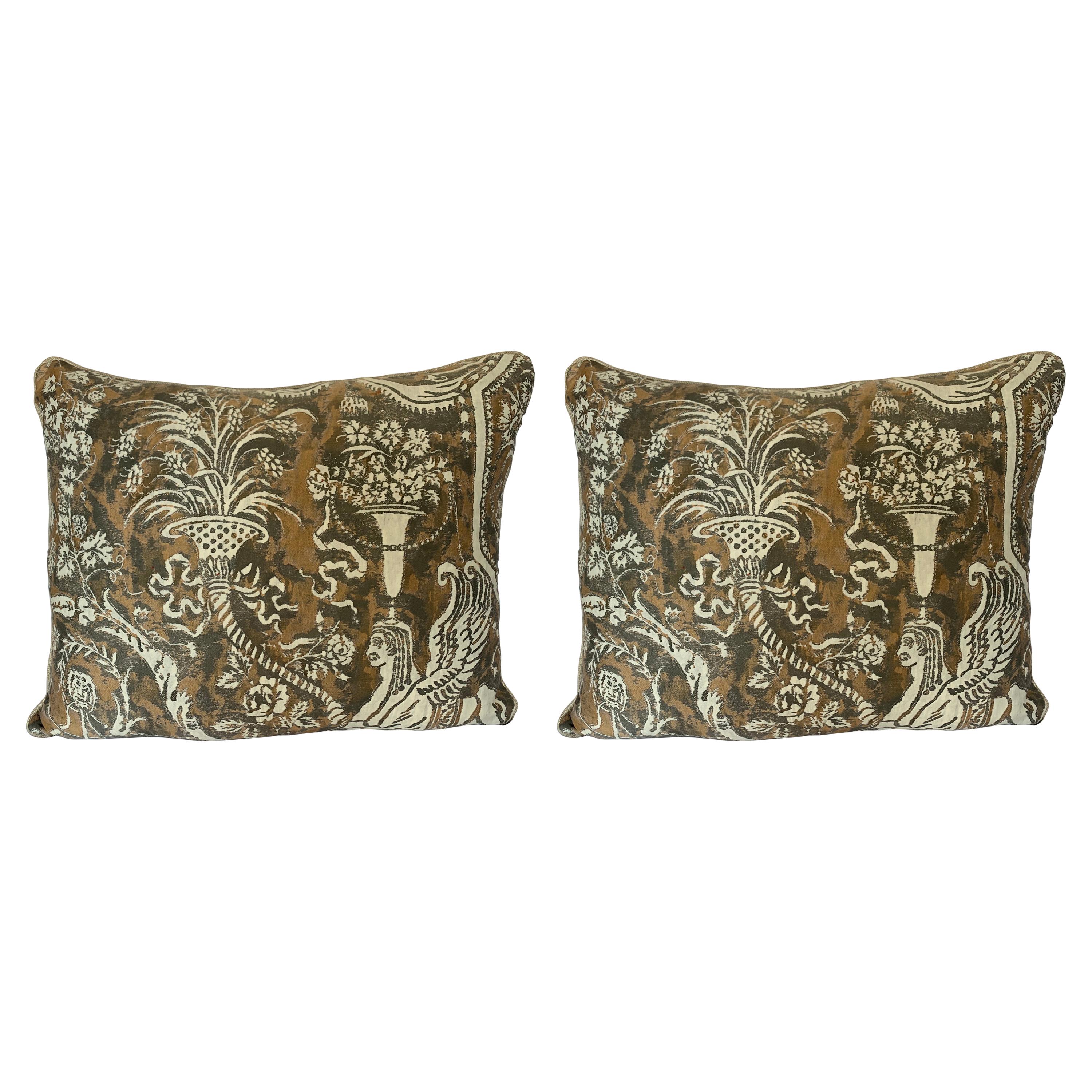 Pair of Unique Fortuny Pillows w/ Sphinxes For Sale