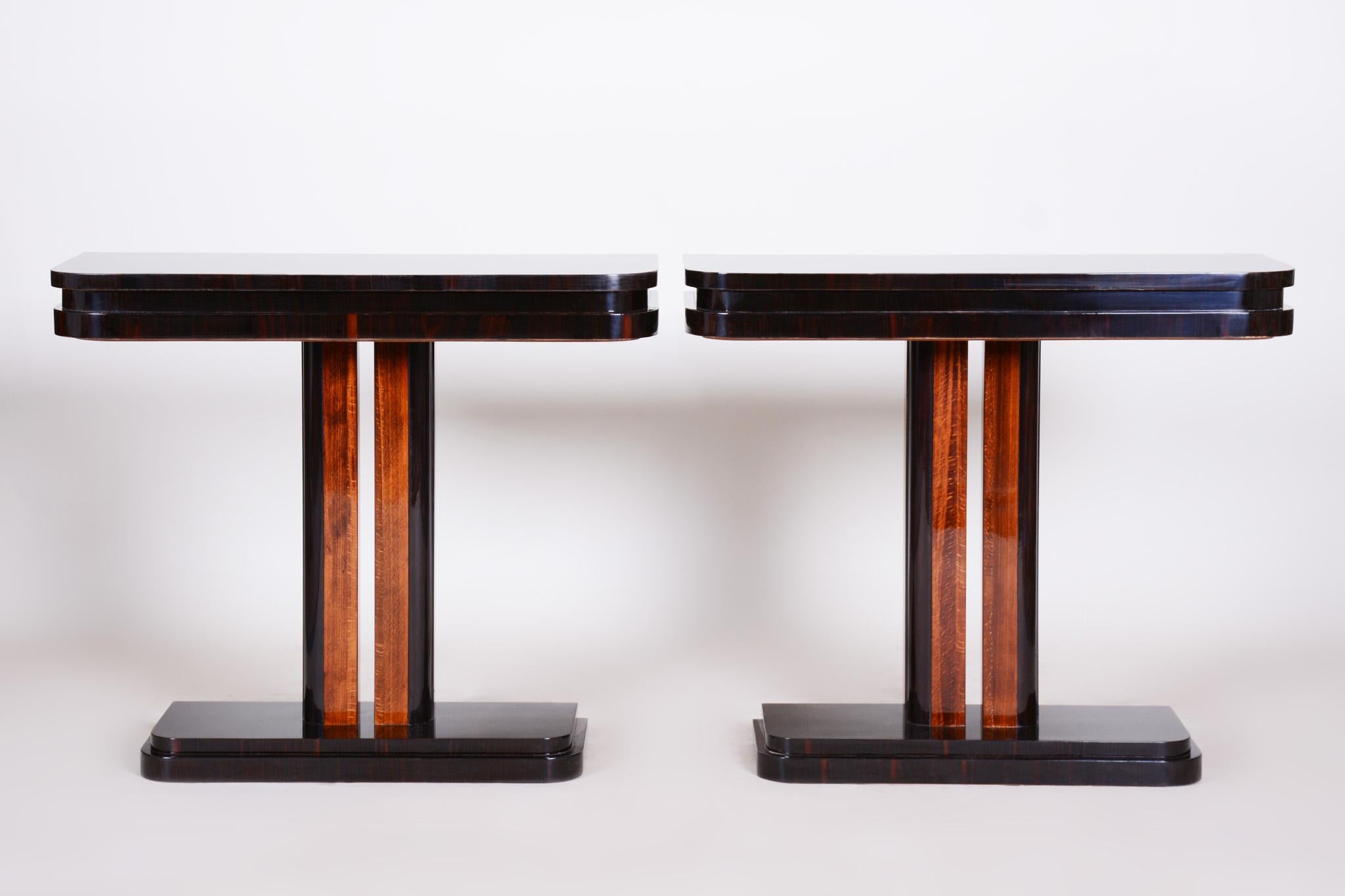Art Deco Pair of Unique French Artdeco Bed-Side Tables, High Gloss, Makasar, 1920s For Sale