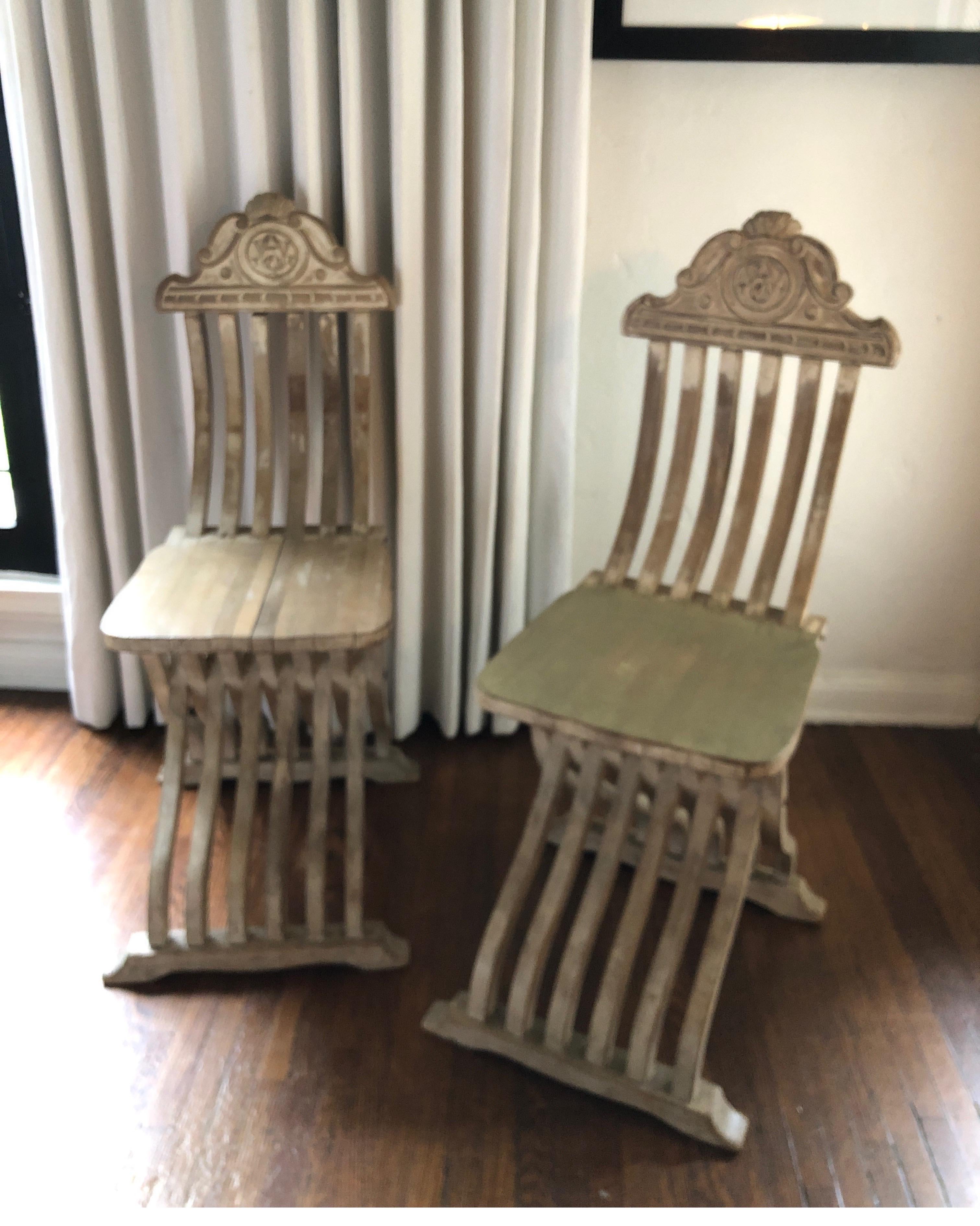 Pair of Unique Italian Savonarola Carved Antique Side Chairs For Sale 3