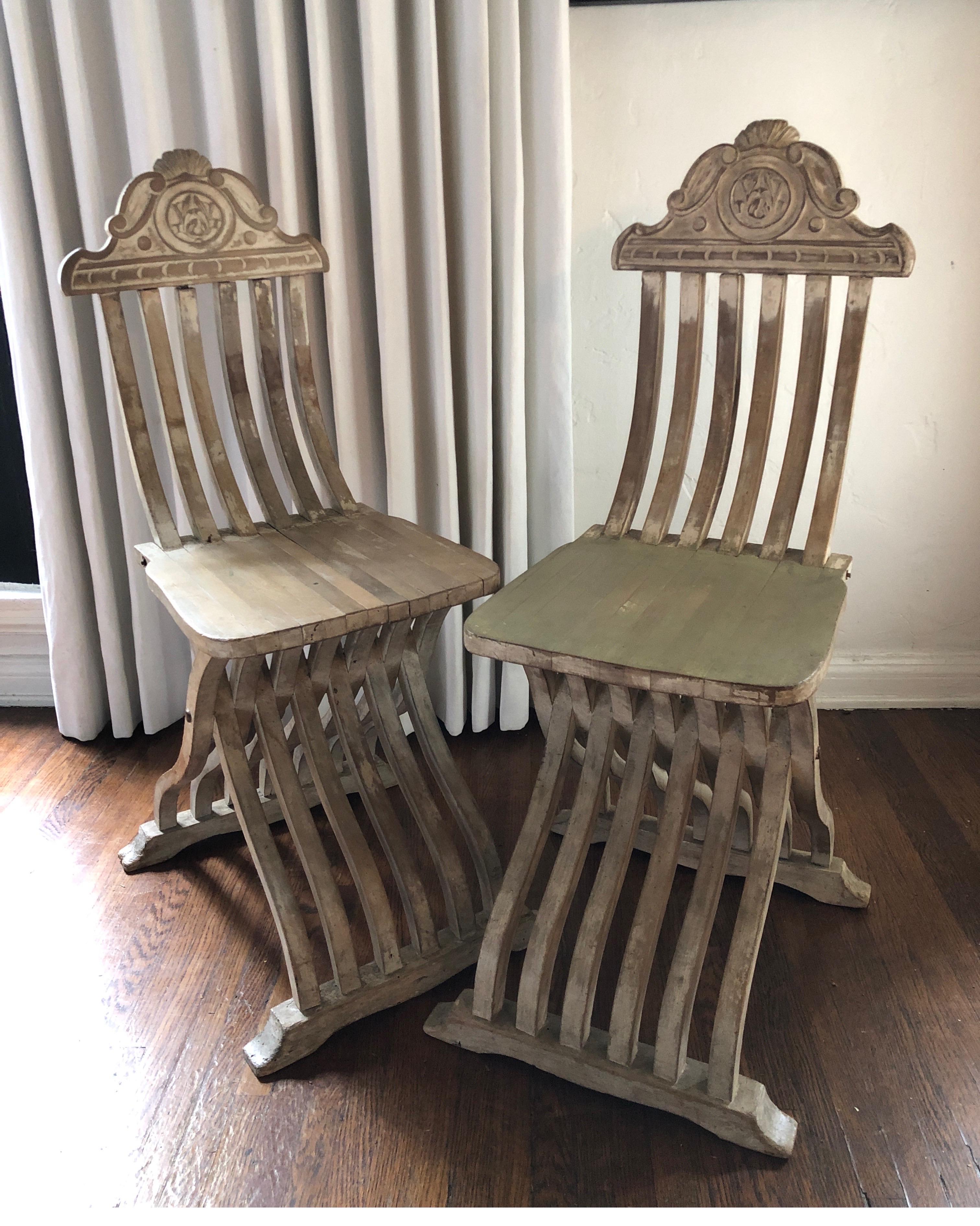 French Provincial Pair of Unique Italian Savonarola Carved Antique Side Chairs For Sale