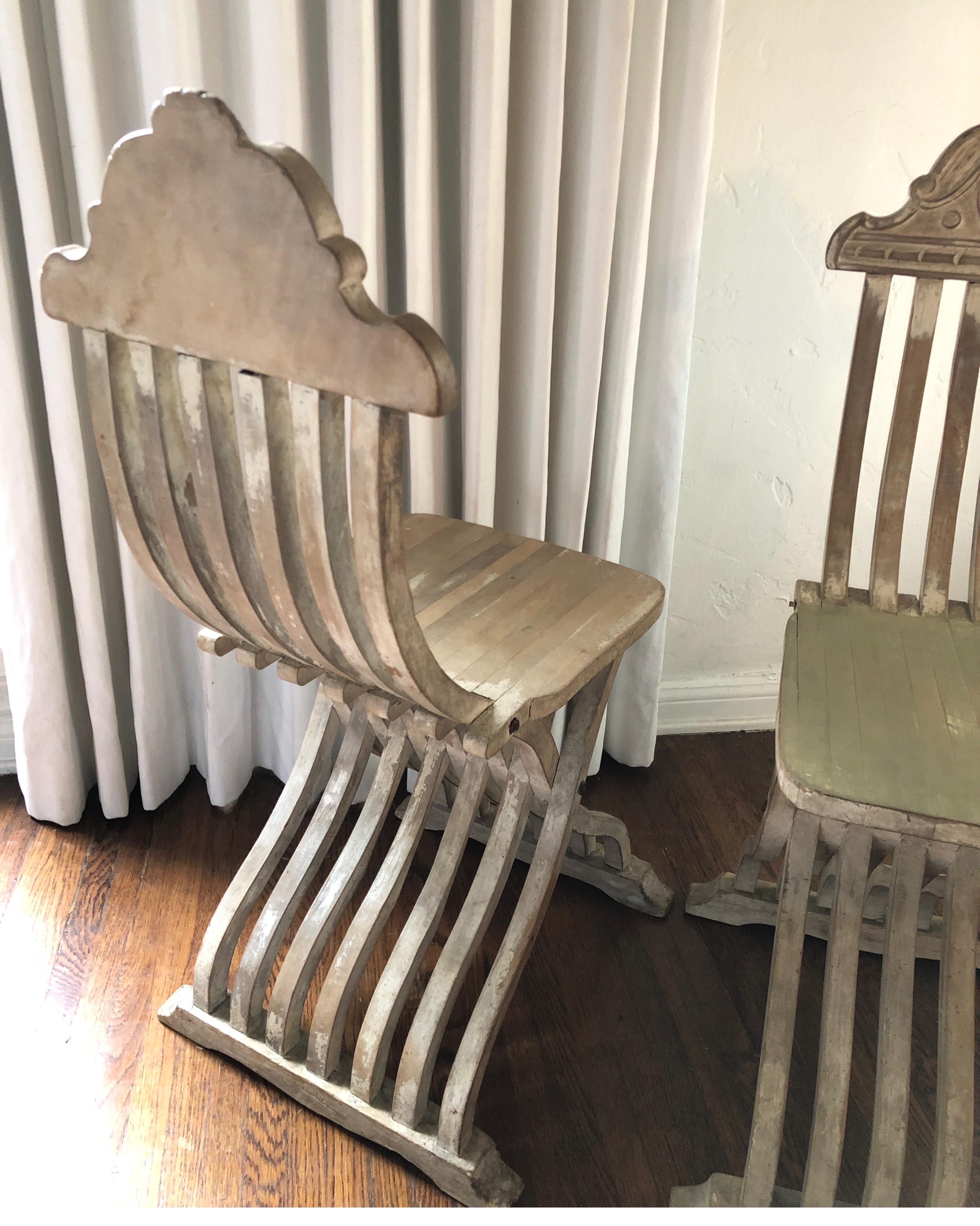 Wood Pair of Unique Italian Savonarola Carved Antique Side Chairs For Sale