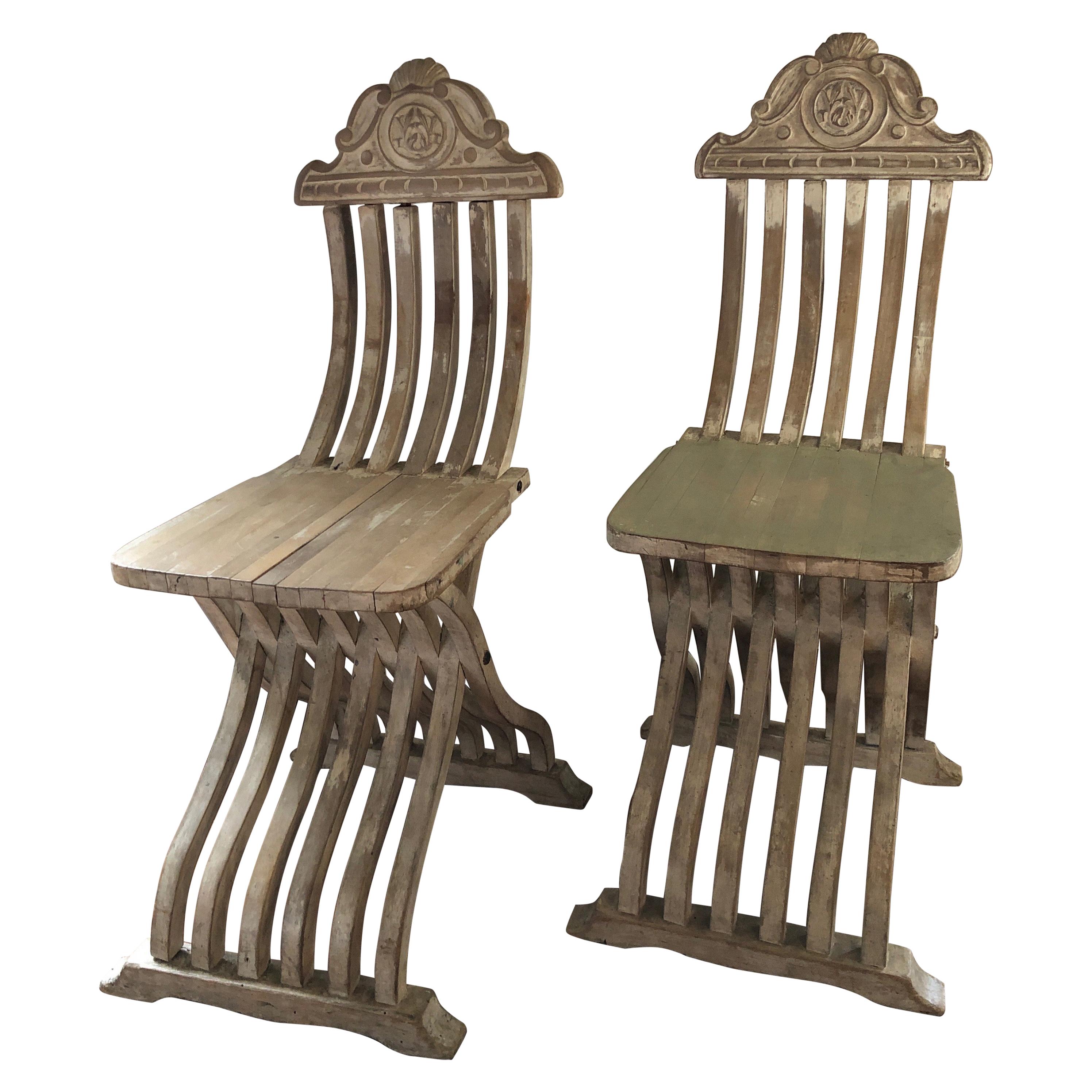 Pair of Unique Italian Savonarola Carved Antique Side Chairs For Sale