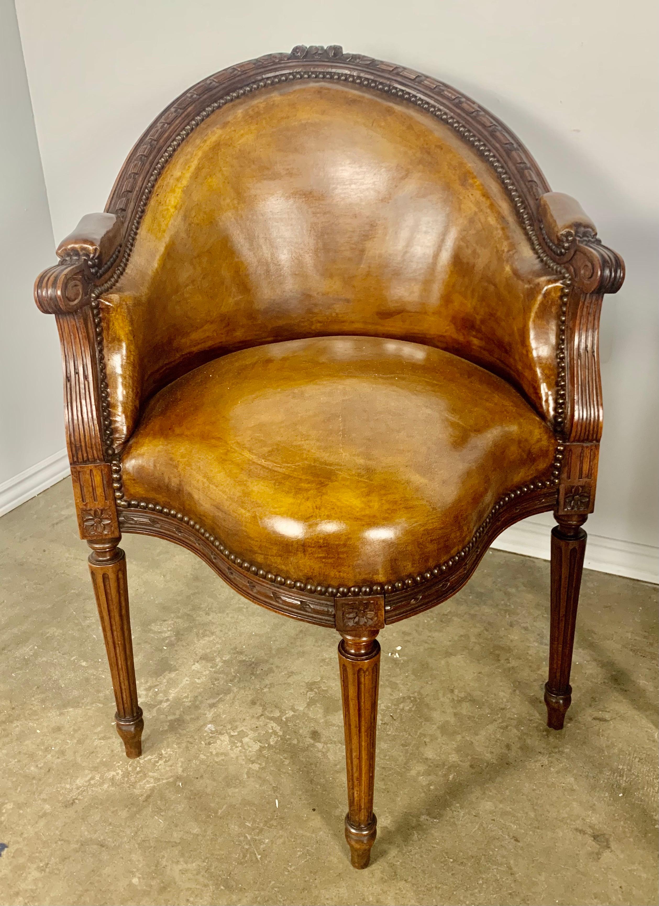 Louis XVI Pair of Unique French Leather Armchairs, C. 1900