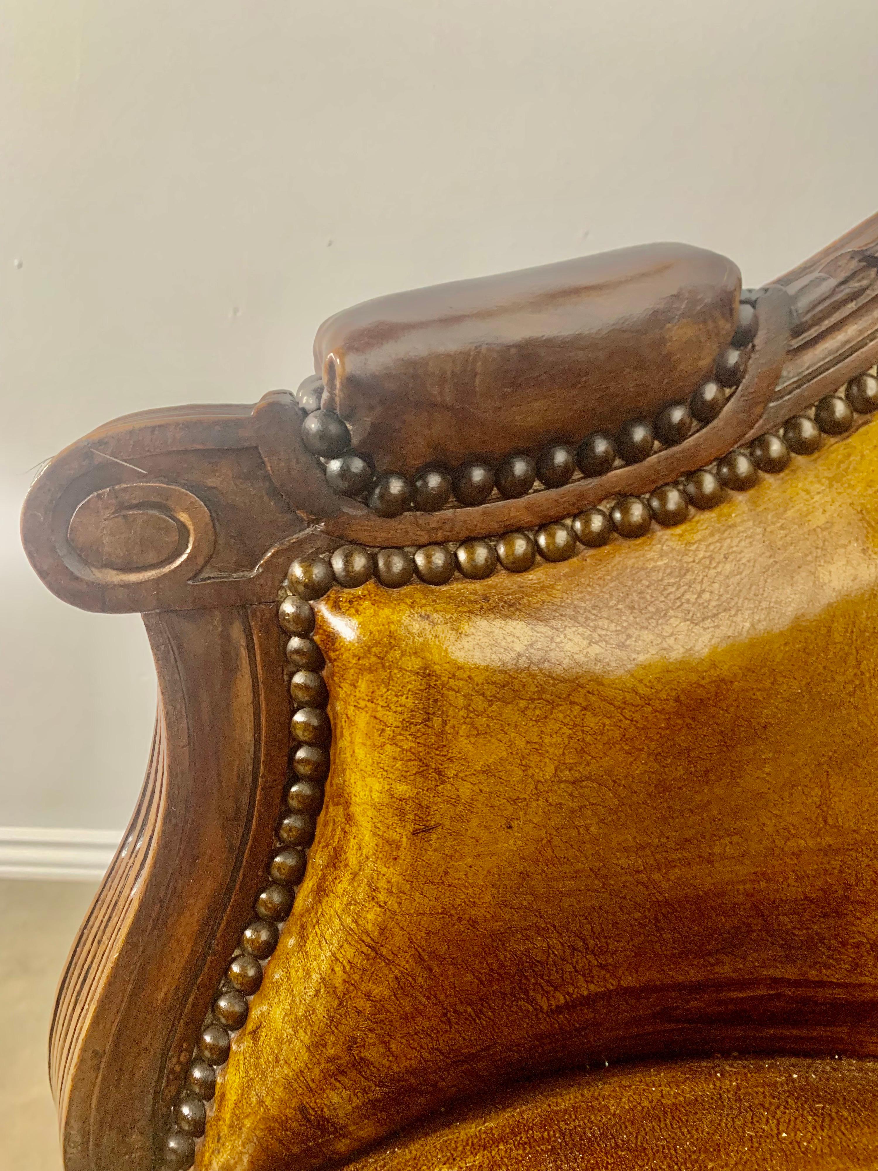 Pair of Unique French Leather Armchairs, C. 1900 In Distressed Condition In Los Angeles, CA