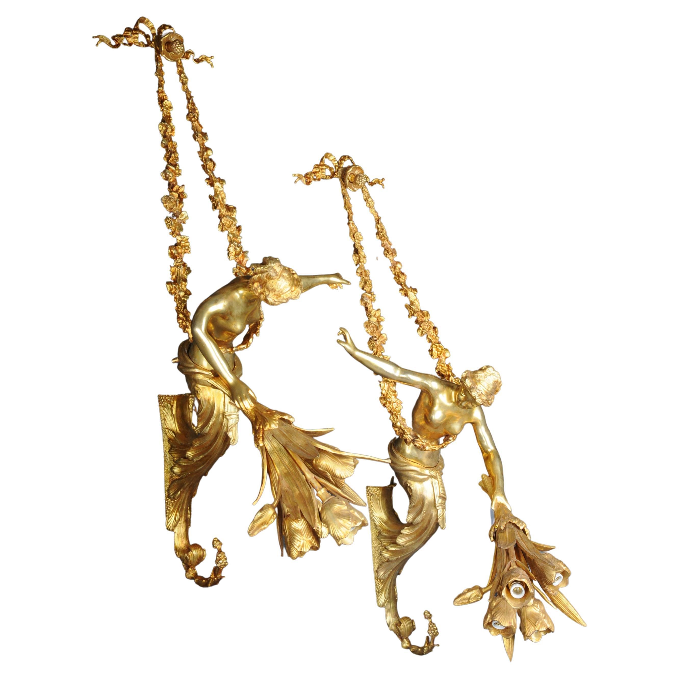 Pair of Unique French Sconces, Gilt Bronze, Paris, 20th Century For Sale