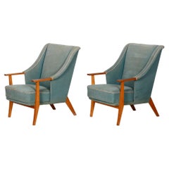 Antique Pair of Unique Green Beech ArtDeco Armchairs Made in 1940s, Denmark