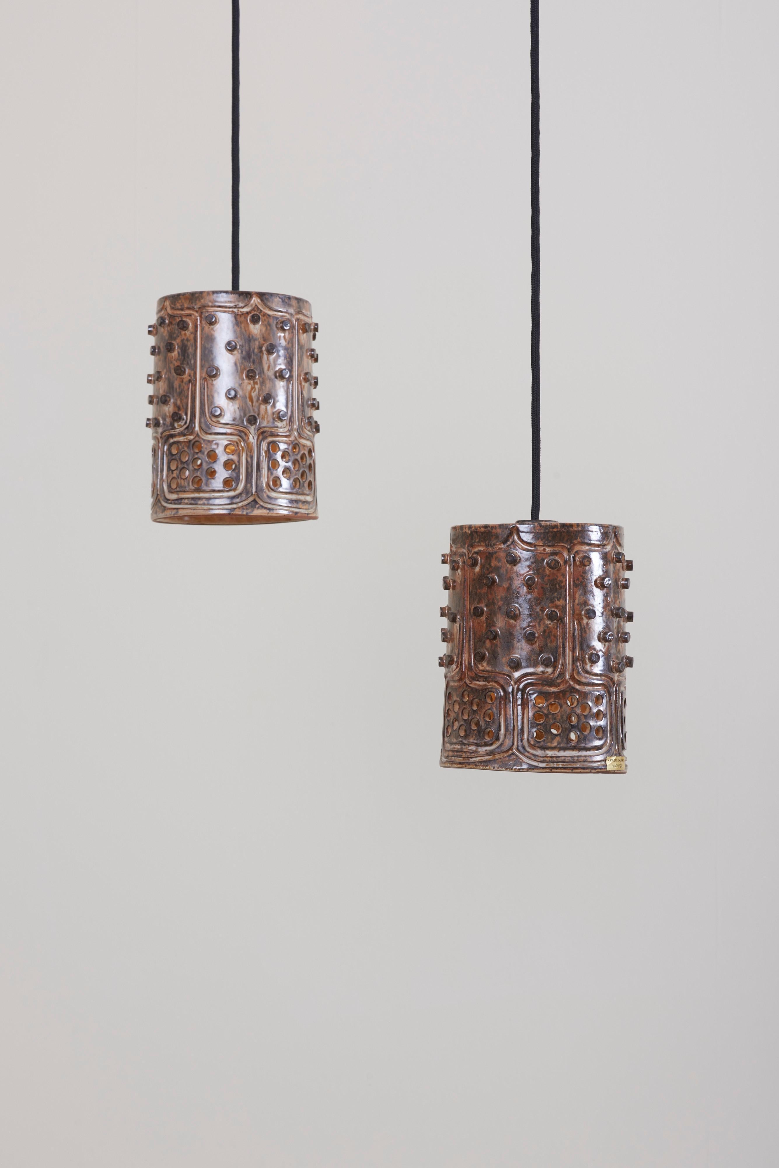 Ceramic 1 of 2 Pairs of Handmade Jette Helleroe Danish Modern Pendant Lamps, 1960s