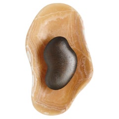Pair of Unique Italian wall sconce "Oyster", in yellow onyx and hammered bronze