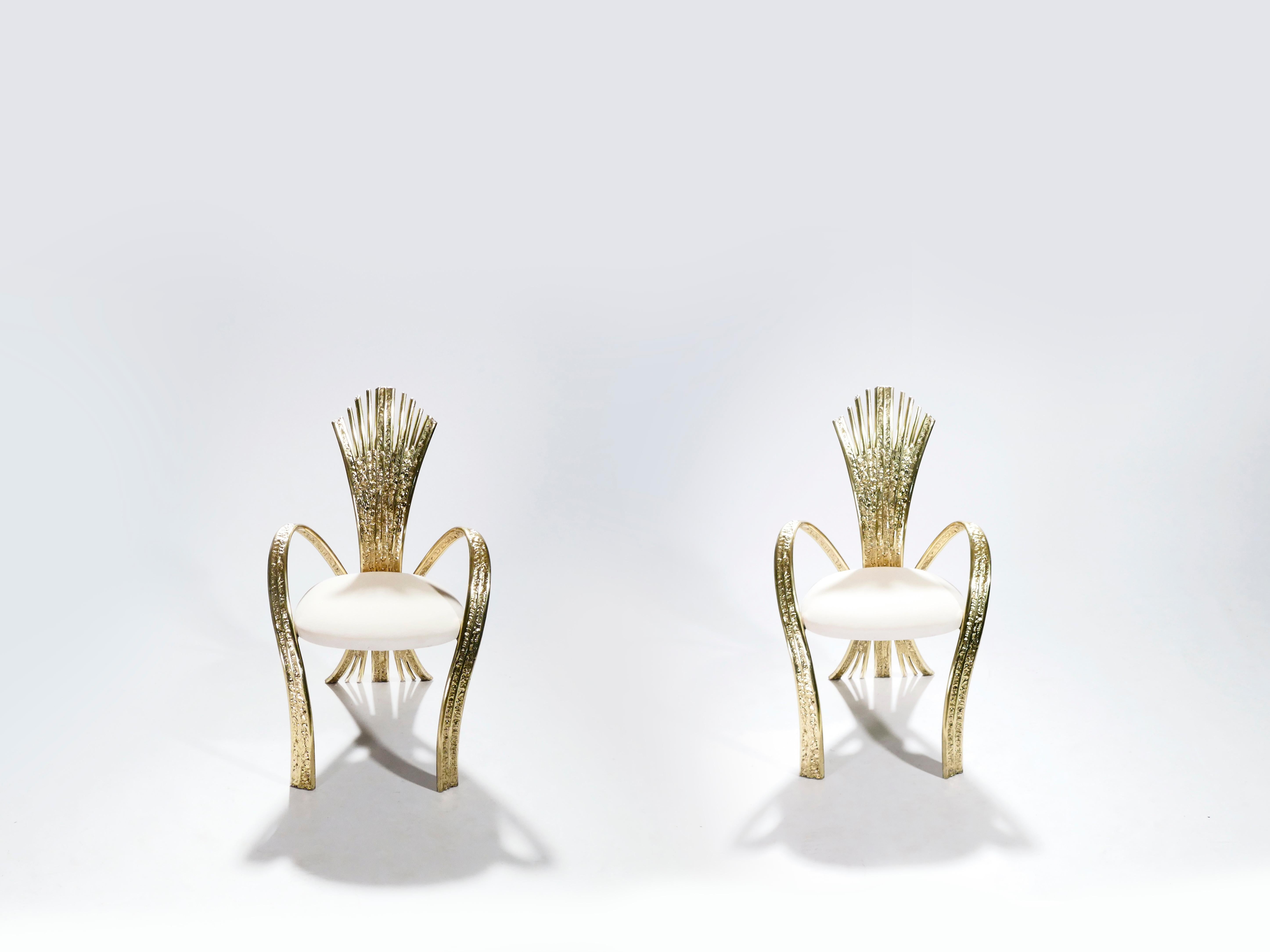 Hollywood Regency Pair of Unique Jacques Duval-Brasseur Bronze Chairs, 1970s