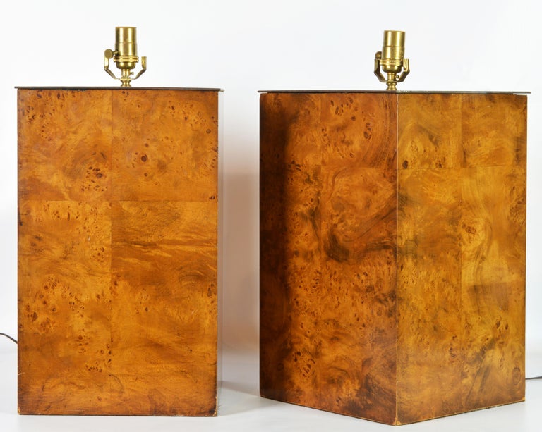American Pair of Unique Magnum Burled Wood Parquetry Milo Baughman Style Table Lamps