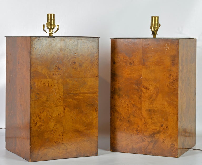 Veneer Pair of Unique Magnum Burled Wood Parquetry Milo Baughman Style Table Lamps