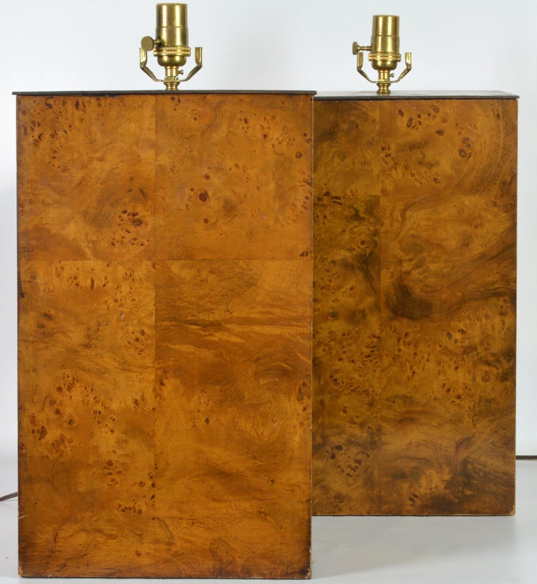 Pair of Unique Magnum Burled Wood Parquetry Milo Baughman Style Table Lamps In Good Condition In Ft. Lauderdale, FL