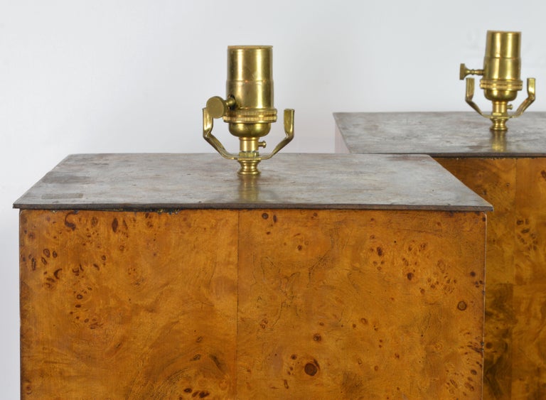 20th Century Pair of Unique Magnum Burled Wood Parquetry Milo Baughman Style Table Lamps