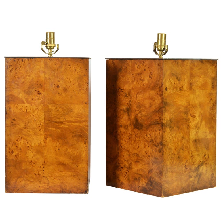 Pair of Unique Magnum Burled Wood Parquetry Milo Baughman Style Table Lamps