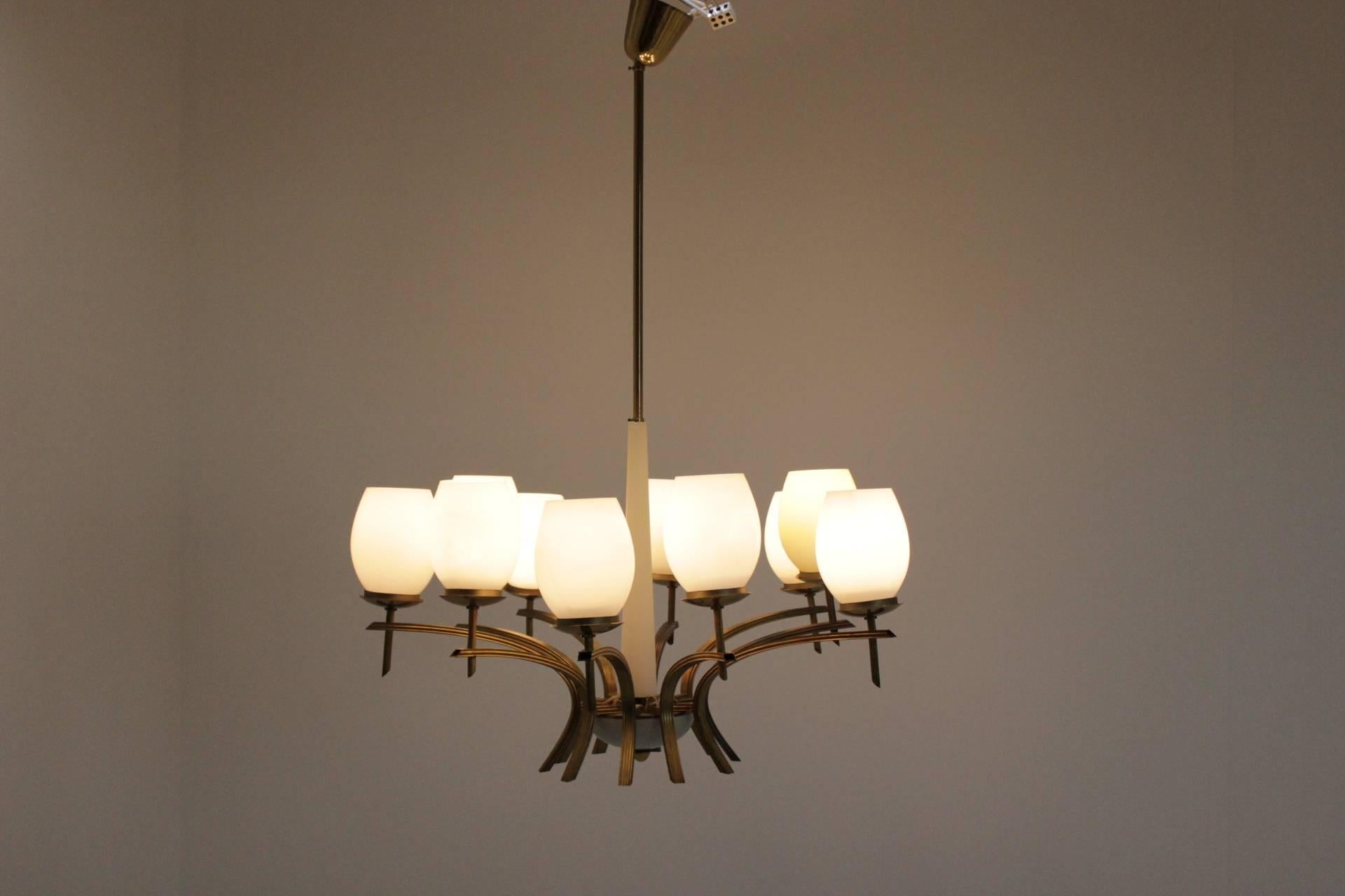 Mid-20th Century Pair of Unique Midcentury Large Brass Chandeliers, 1960 For Sale