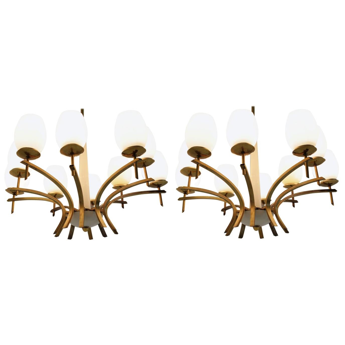 Pair of Unique Midcentury Large Brass Chandeliers, 1960 For Sale