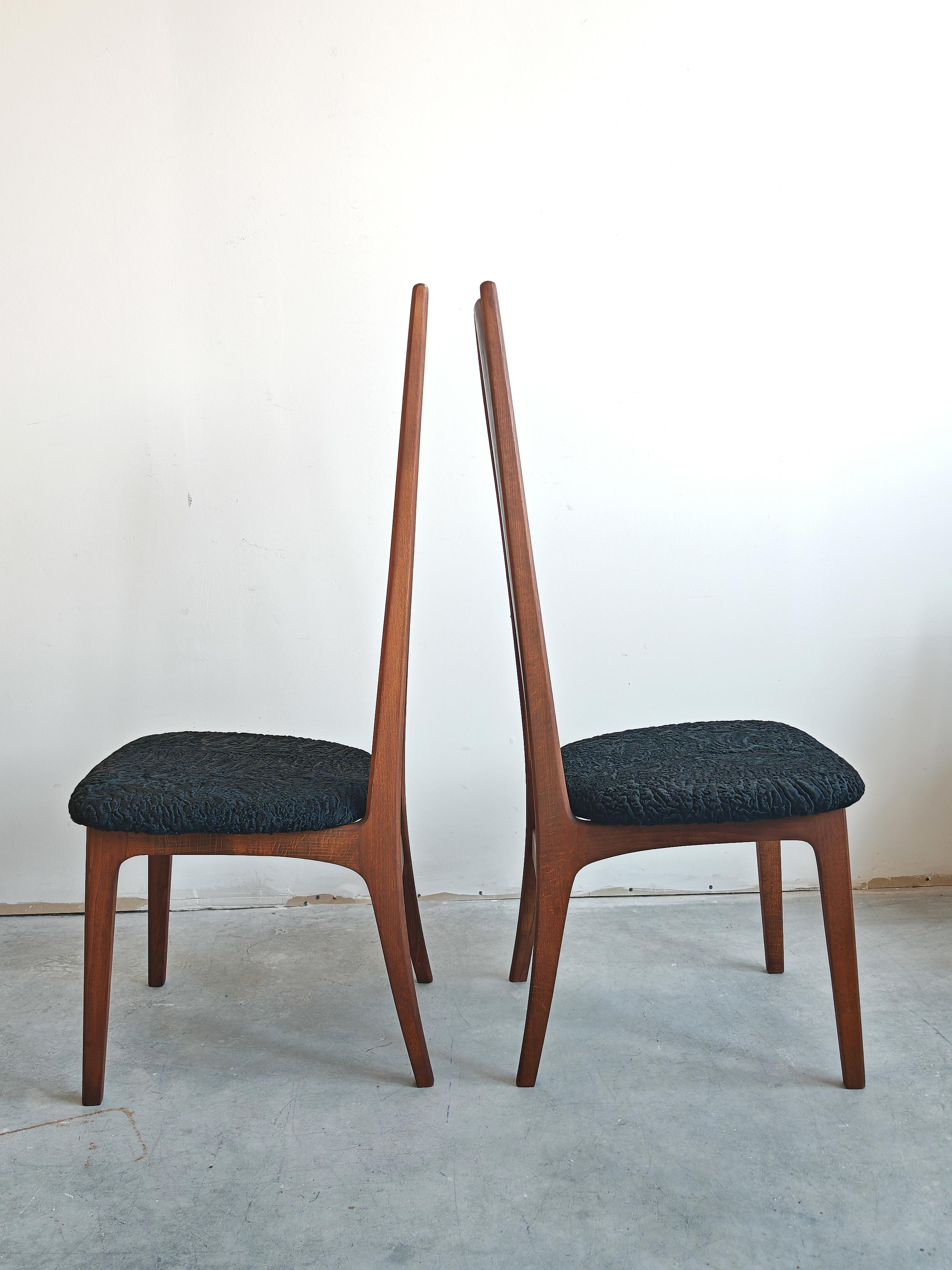 Italiano Pair of Unique Mid Century Modern Accent Chairs upholstered in Astrakhan fur in vendita