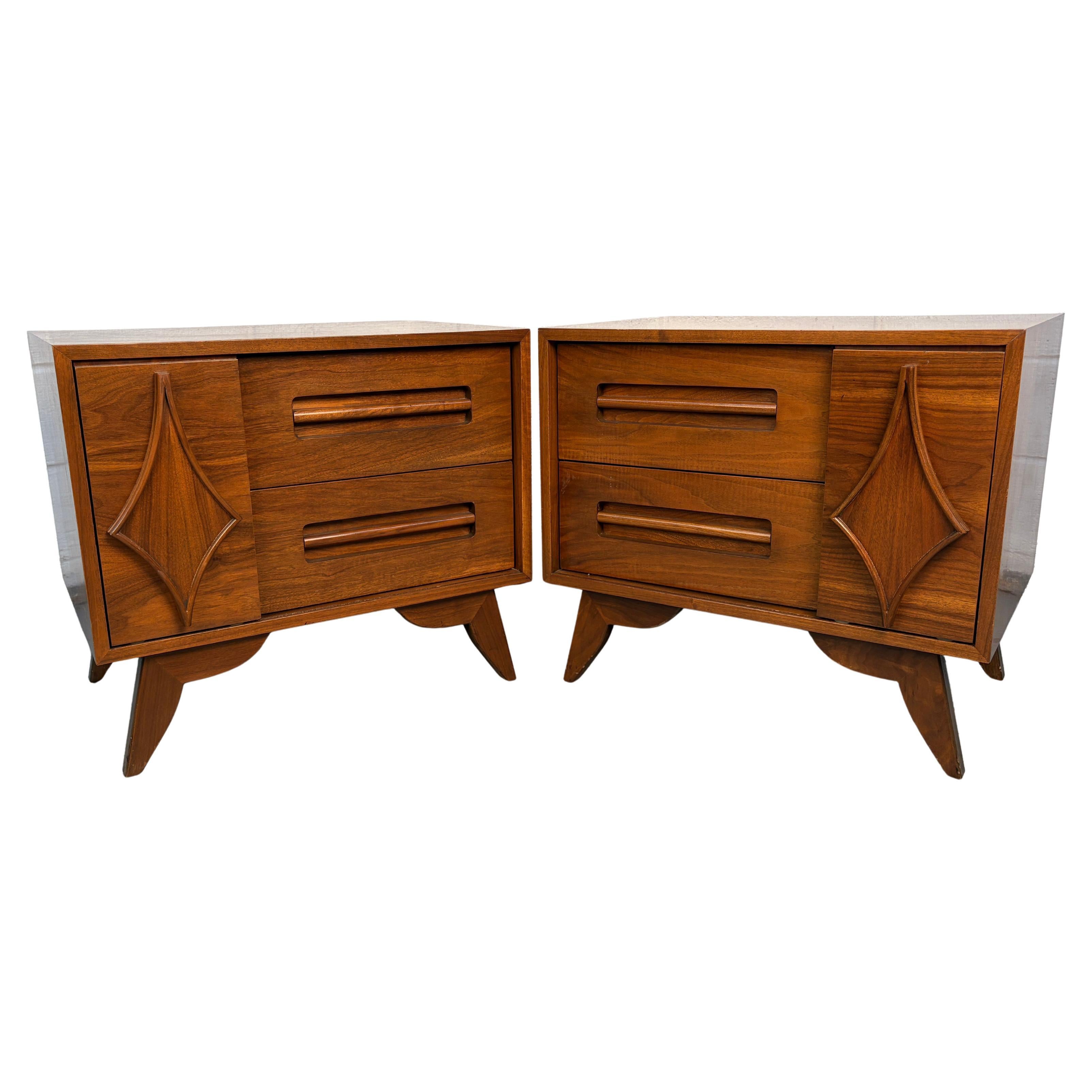 Pair of Unique Mid-Century Modern Walnut Nightstands For Sale