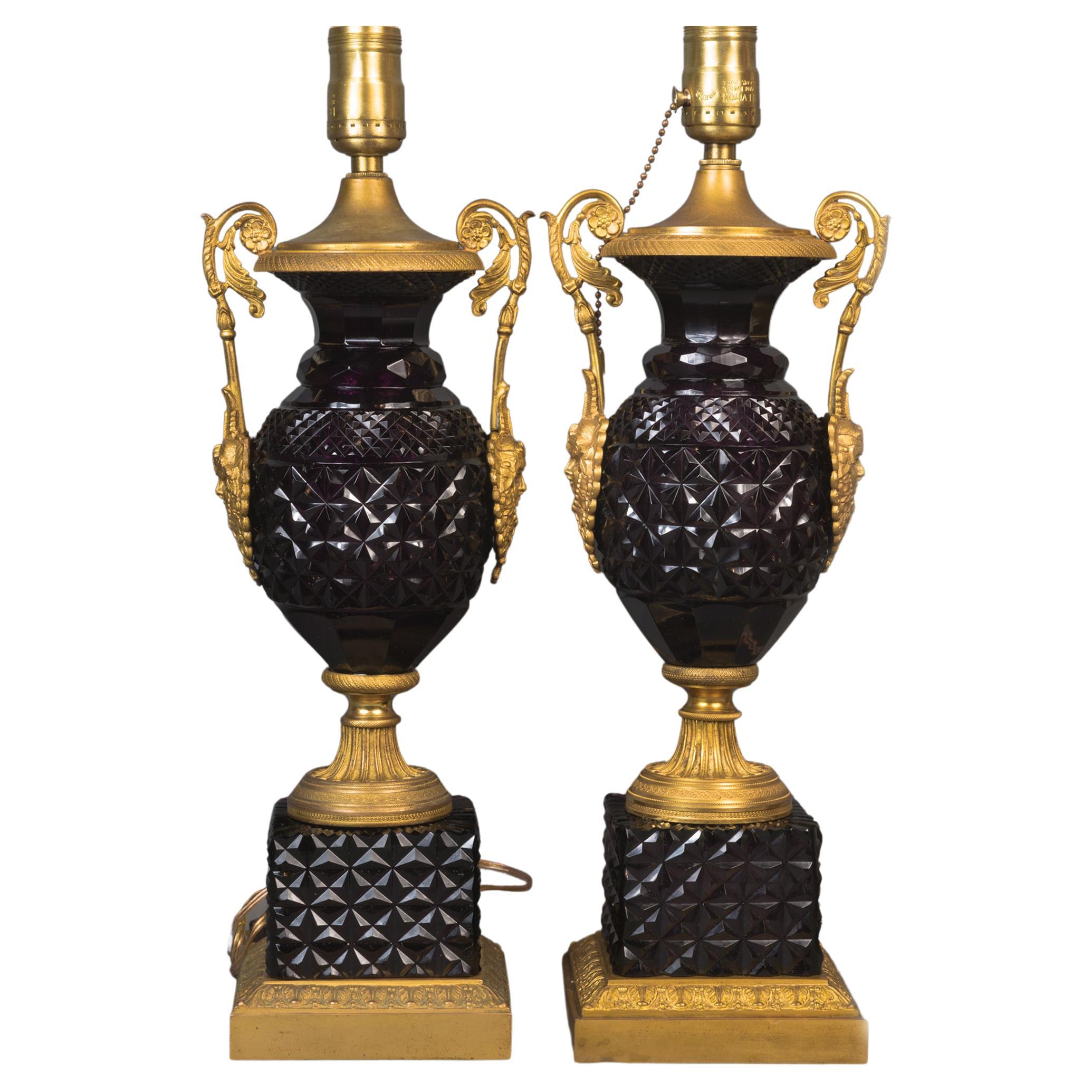 Pair of Unique of Austrian Amethyst Lamps with Gilt Bronze Hardware
