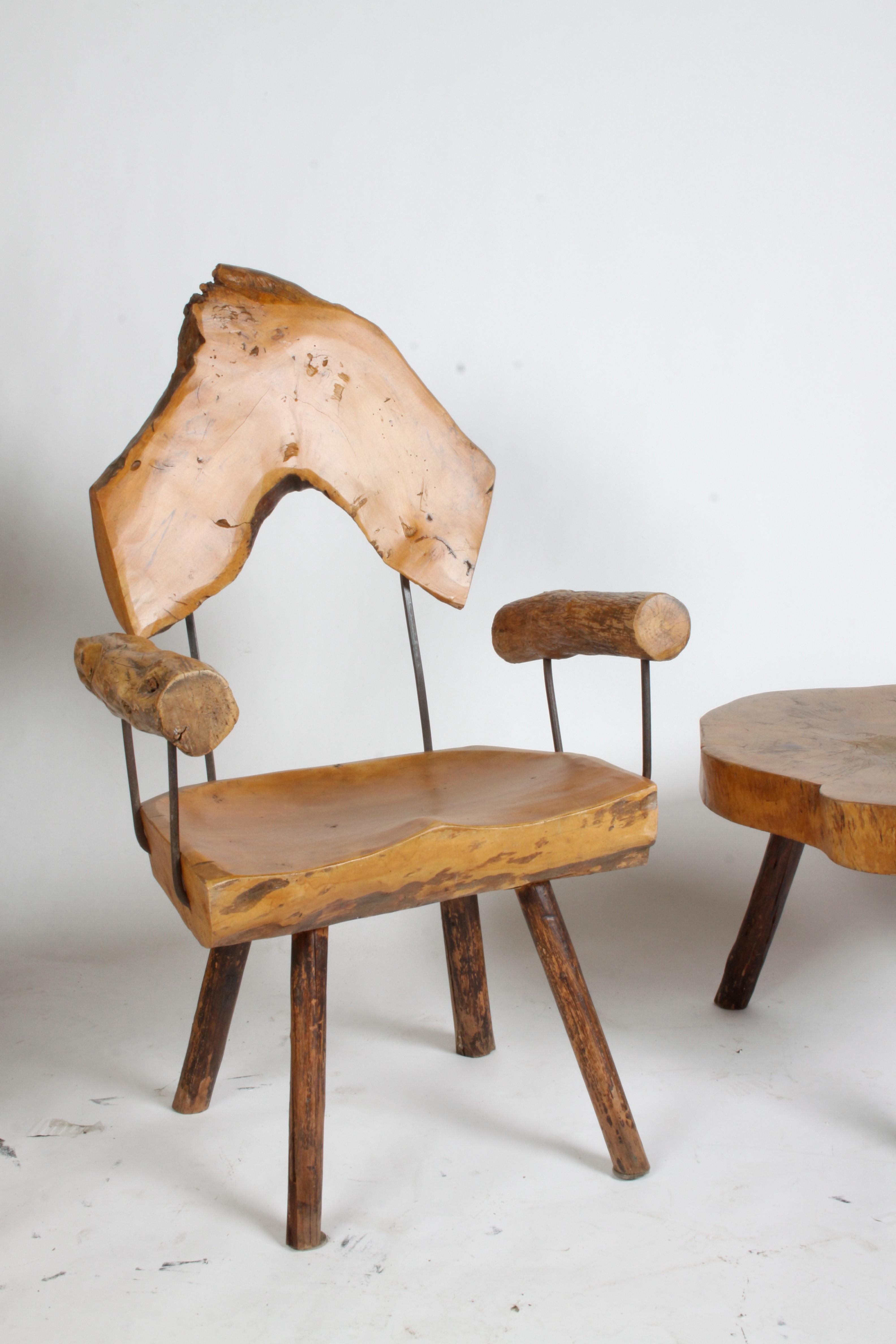 Mid-Century Modern Pair of Unique Organic / Rustic Midcentury Log Chairs with Side Table For Sale