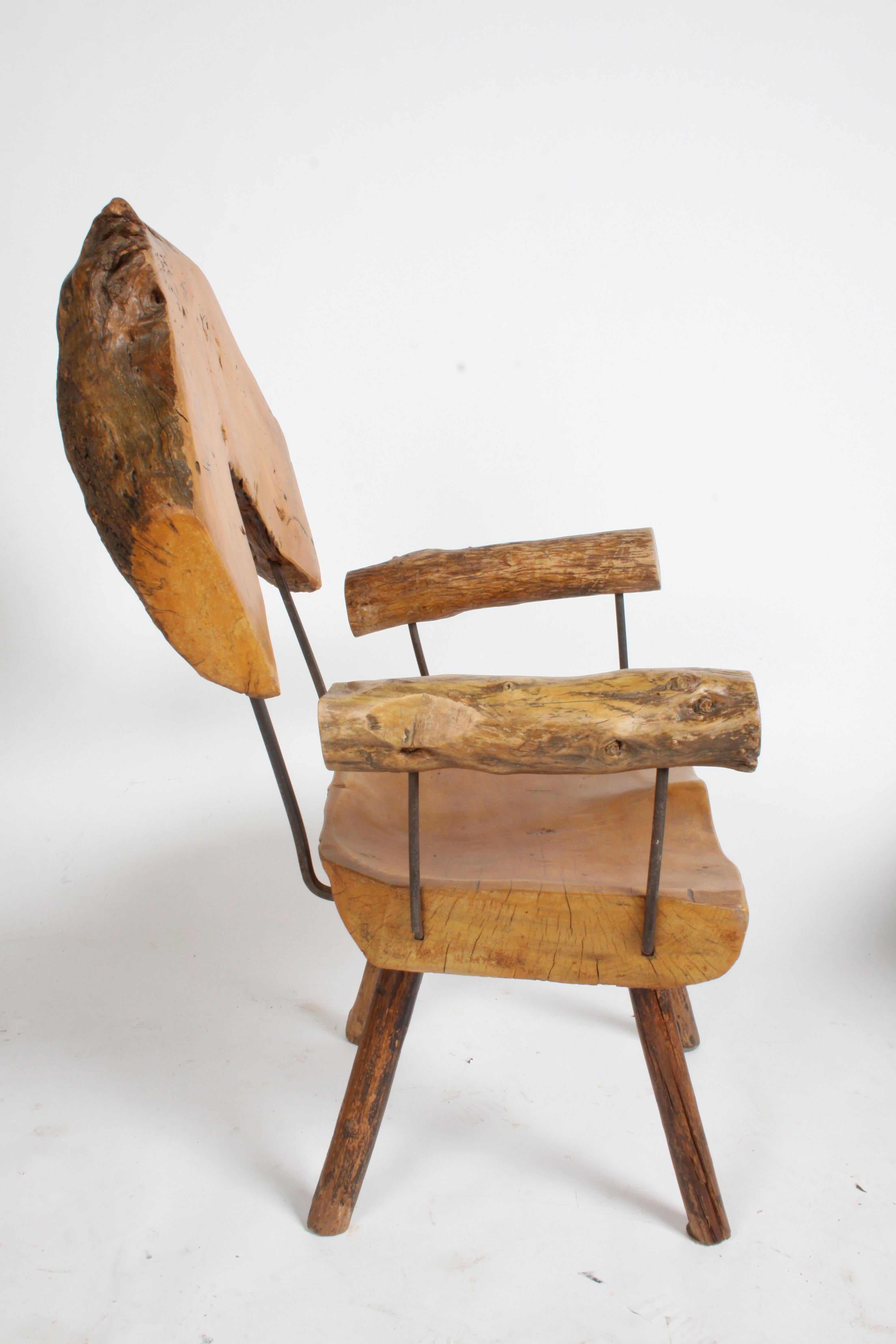 Mid-20th Century Pair of Unique Organic / Rustic Midcentury Log Chairs with Side Table For Sale