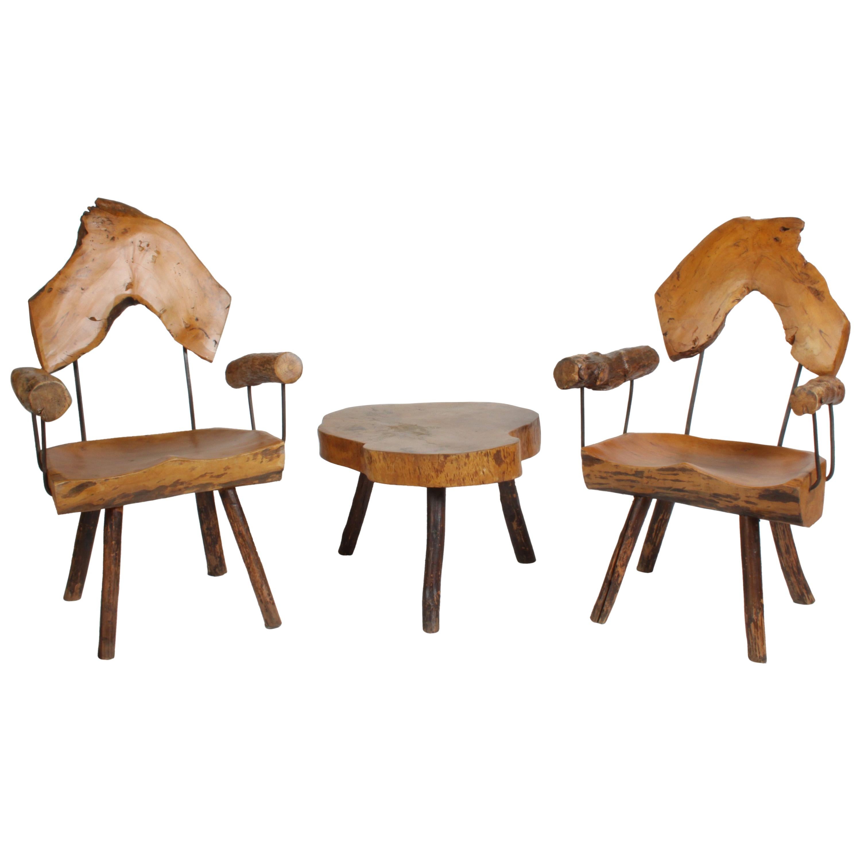 Pair of Unique Organic / Rustic Midcentury Log Chairs with Side Table For Sale