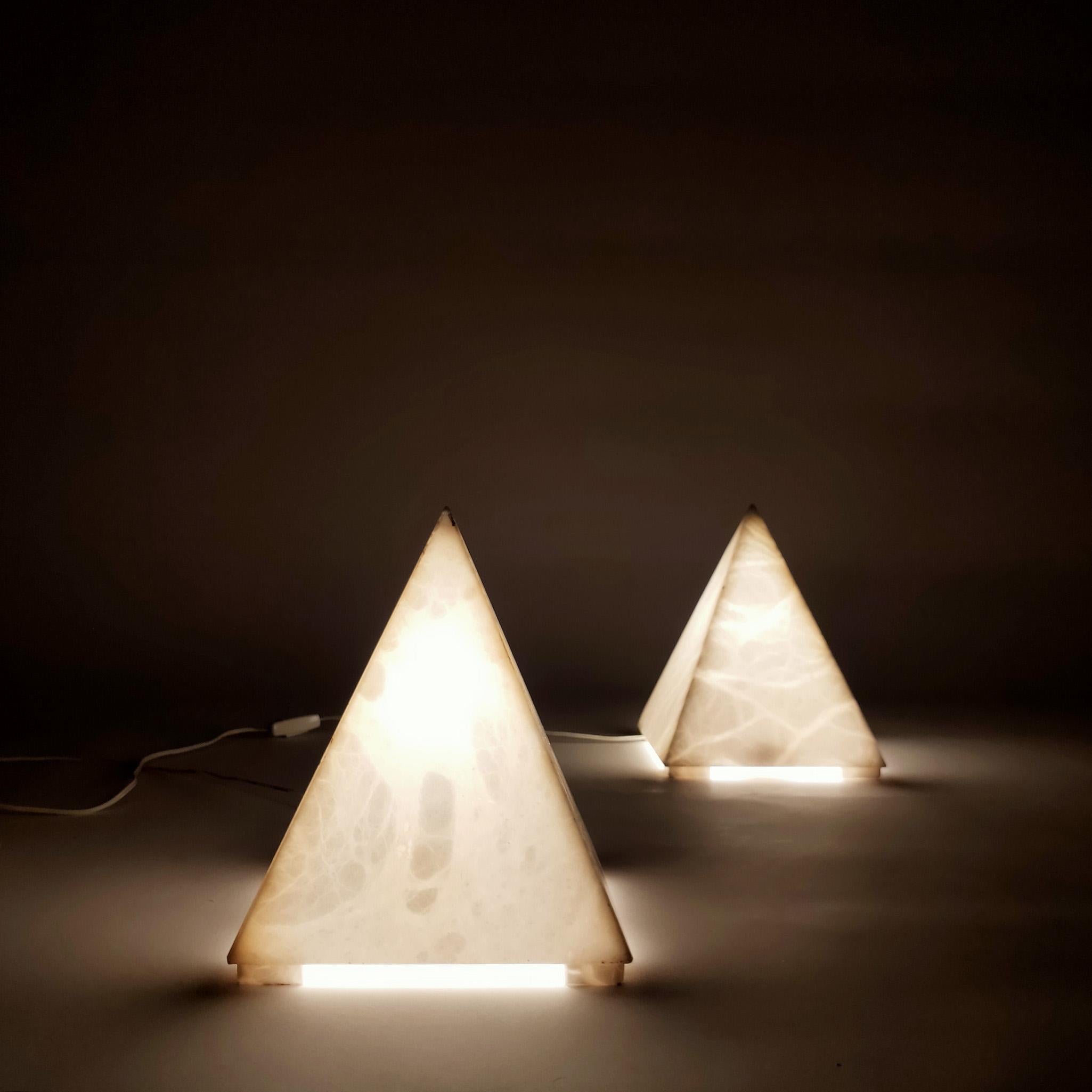 Alabaster Pair of unique pyramid shape alabaster table lamps from Eclipsi, Spain, 1960s For Sale