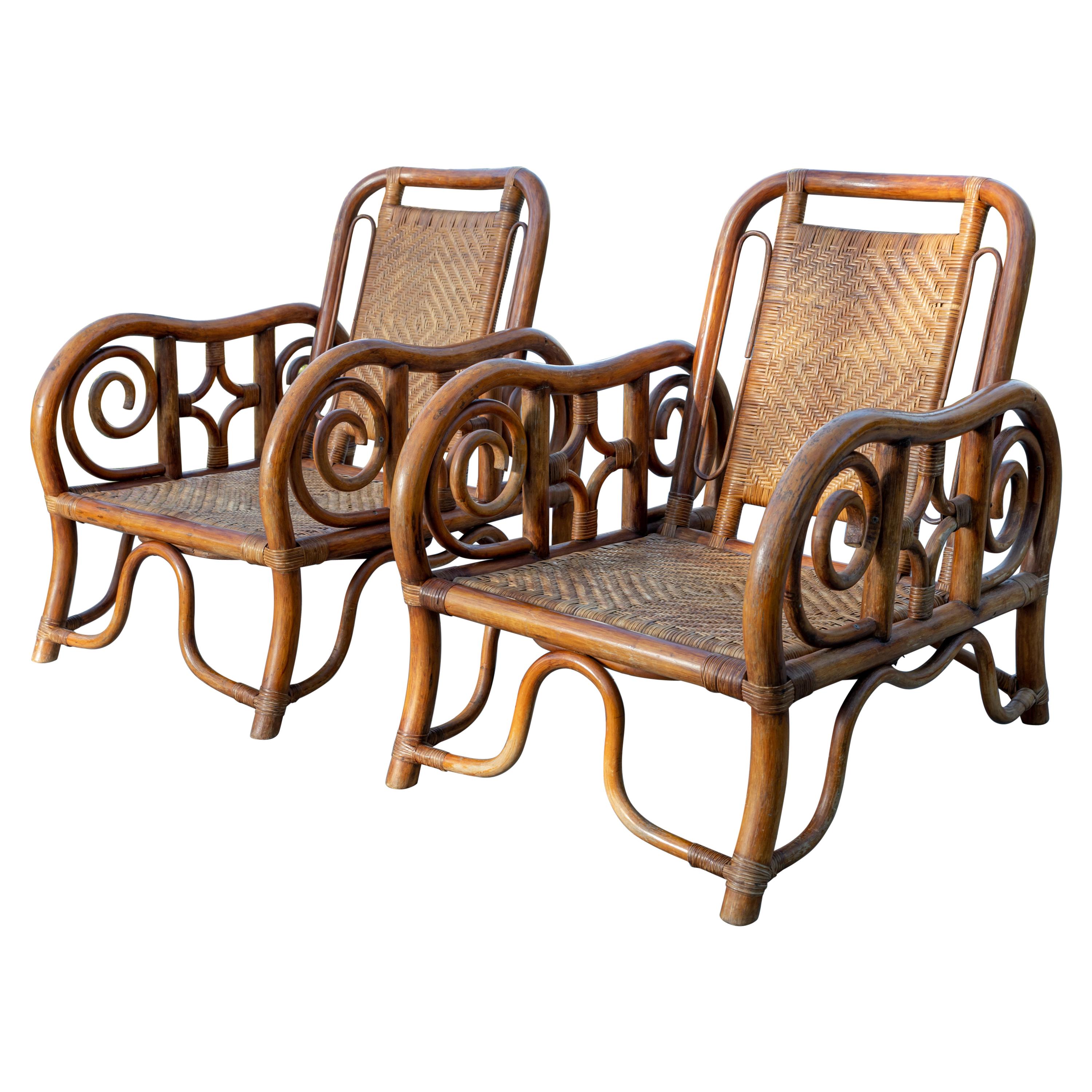 Pair of Unique Rattan Woven Armchairs
