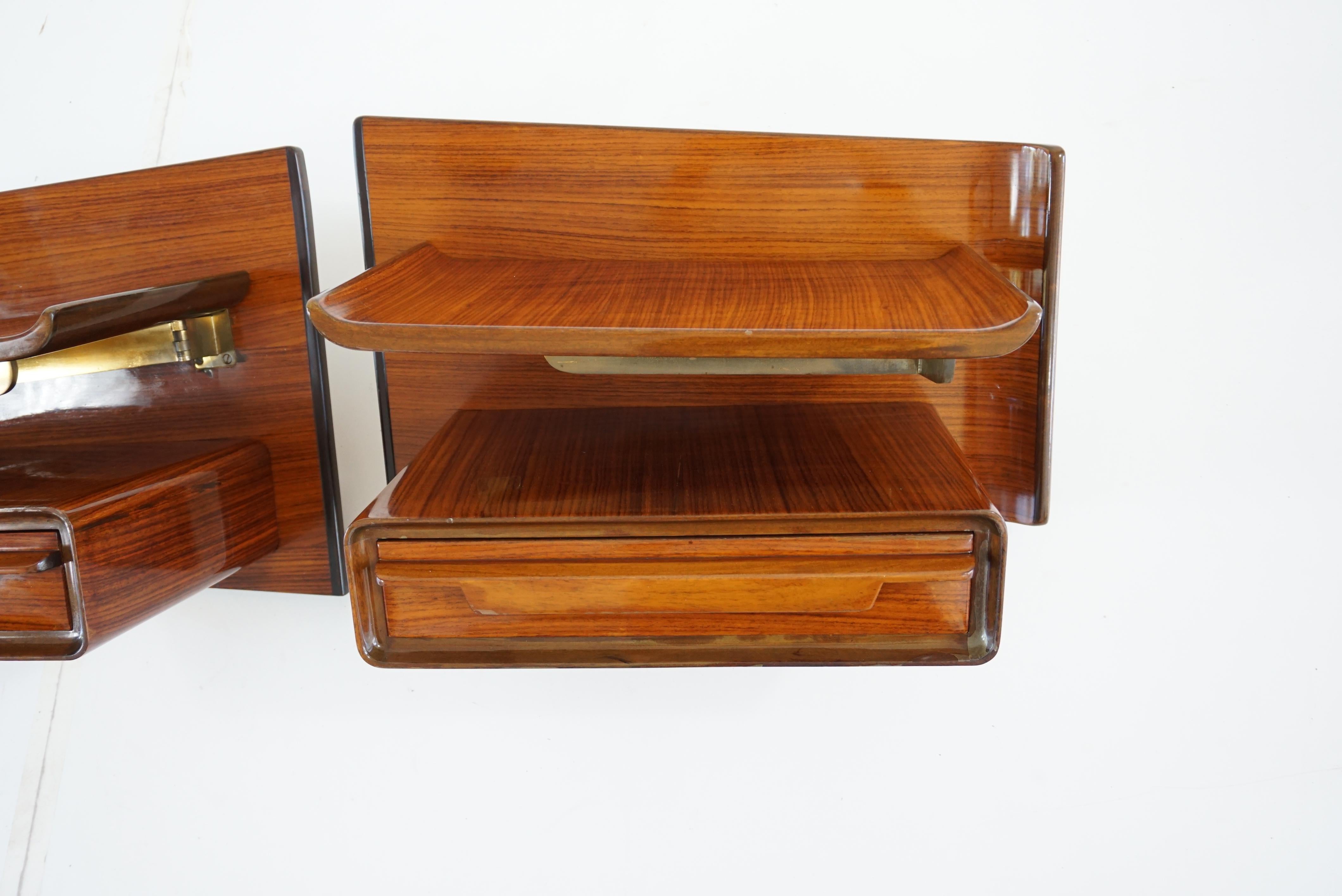 European Pair of Unique Rosewood Hanging Cavatorta Bedside Tables, Adjustable Shelfs 1950